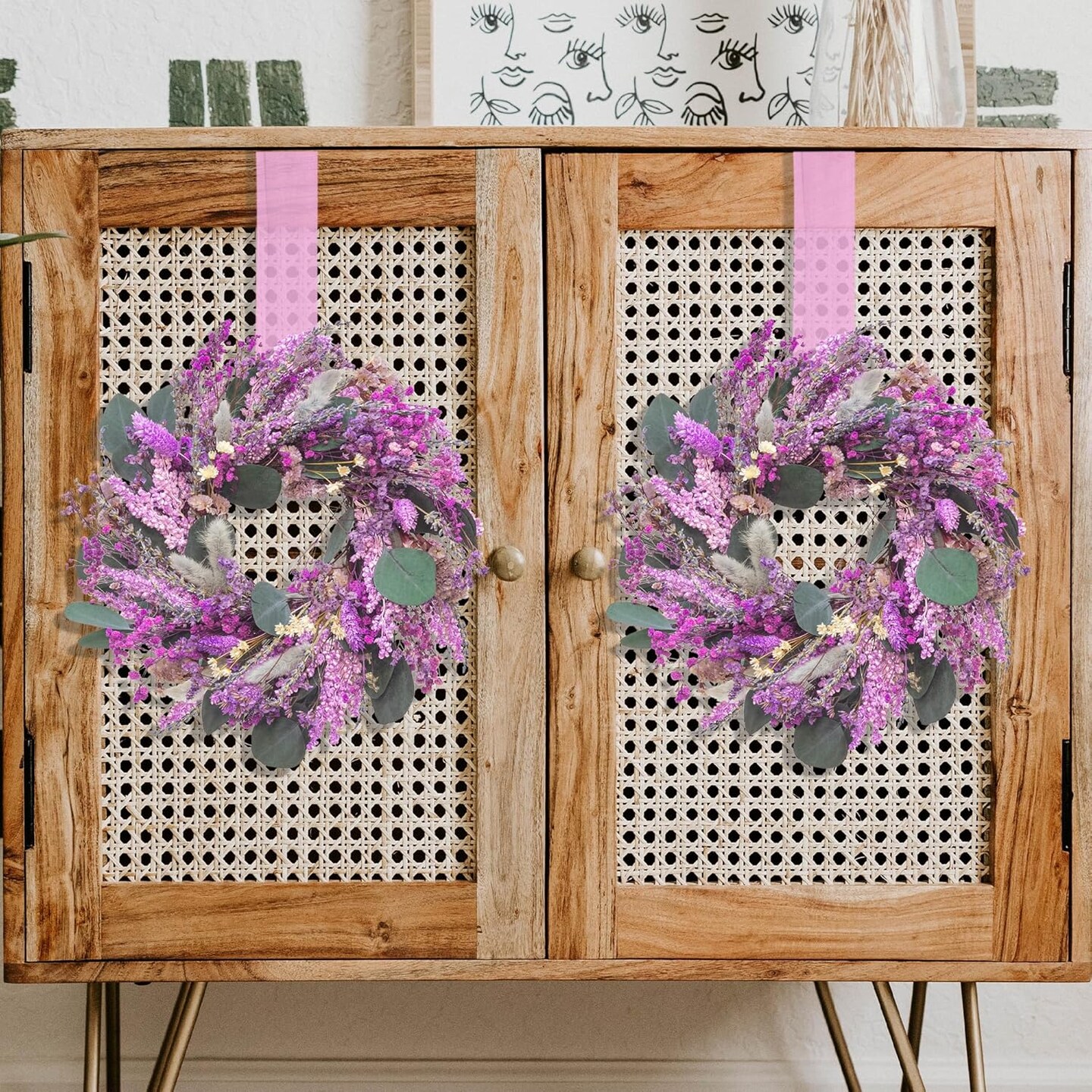 Natural Dried Flowers Wreath 10-Inch Purple Lavender Candle Ring Table Centerpiece Small Spring Lavender Wreath for Cabinate Wall Window Door