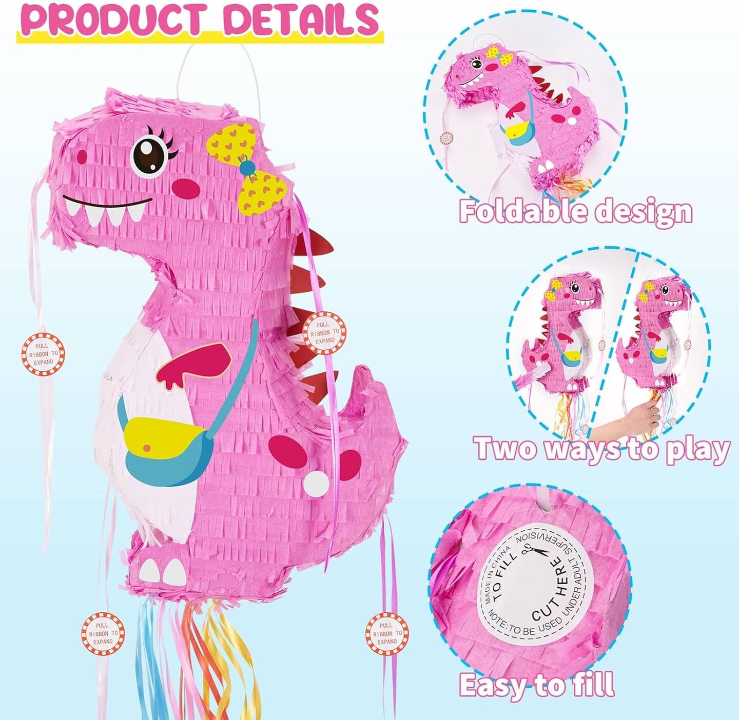 Foldable Dinosaur Pi&#xF1;ata - Pull String Dinosaur Birthday Party Supplies Extendable Pi&#xF1;ata with Blindfold Bat and Tassels Dinosaur Birthday Decoration Pink Dinosaur Pi&#xF1;atas
