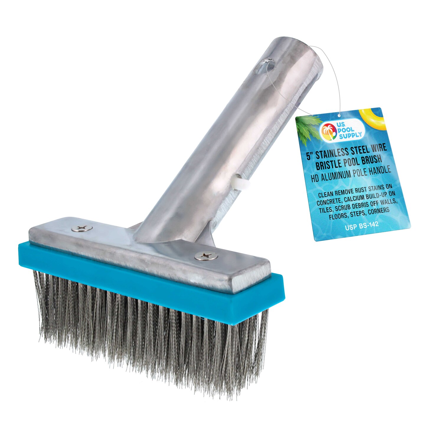 U.S. Pool Supply 5&#x22; Stainless Steel Wire Bristle Pool Brush, HD Aluminum Pole Handle - Clean Remove Rust Stains on Concrete, Calcium Build-Up on Tiles