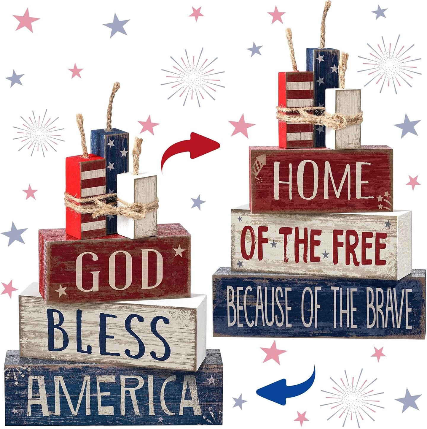 4 Pcs 4th of July Table Decorations Reversible Memorial Day Table Centerpiece Red White and Blue Patriotic Fireworks Block Sign with String for Independence Day Tiered Tray Decor(Firework)