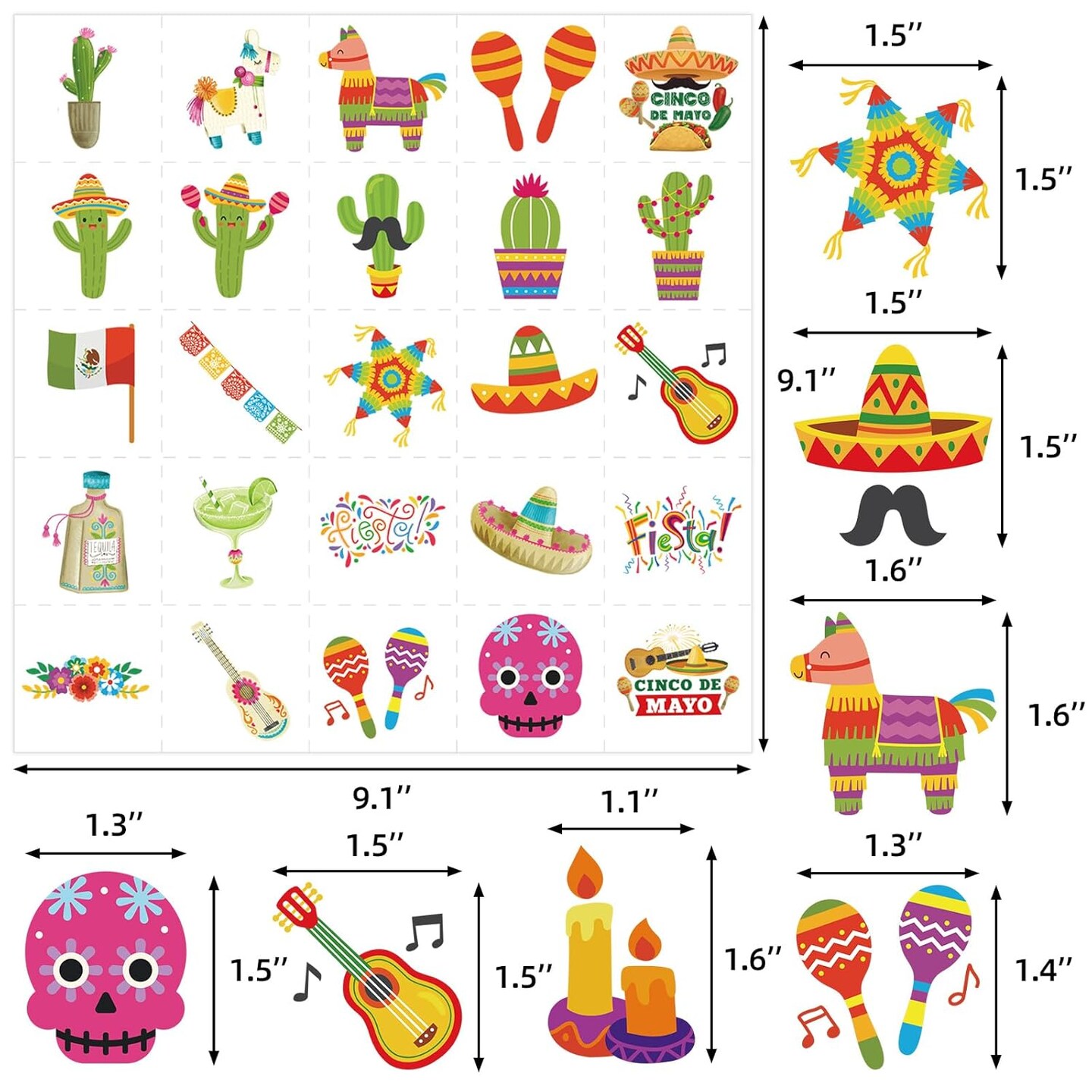 Cinco De Mayo Mexican Fiesta Temporary Tattoos Face Body Stickers 75pcs Party Favors for Kids Decorations Supplies