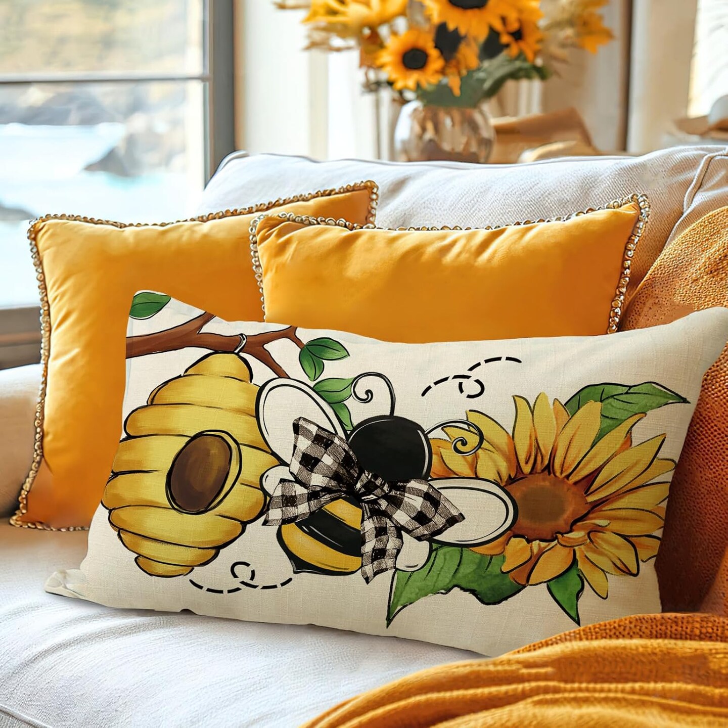 Honeycomb Sunflower Flower Porch Patio Outdoor Pillowcase, Beehive Floral Bow Sofa Cushion Case Home Decor