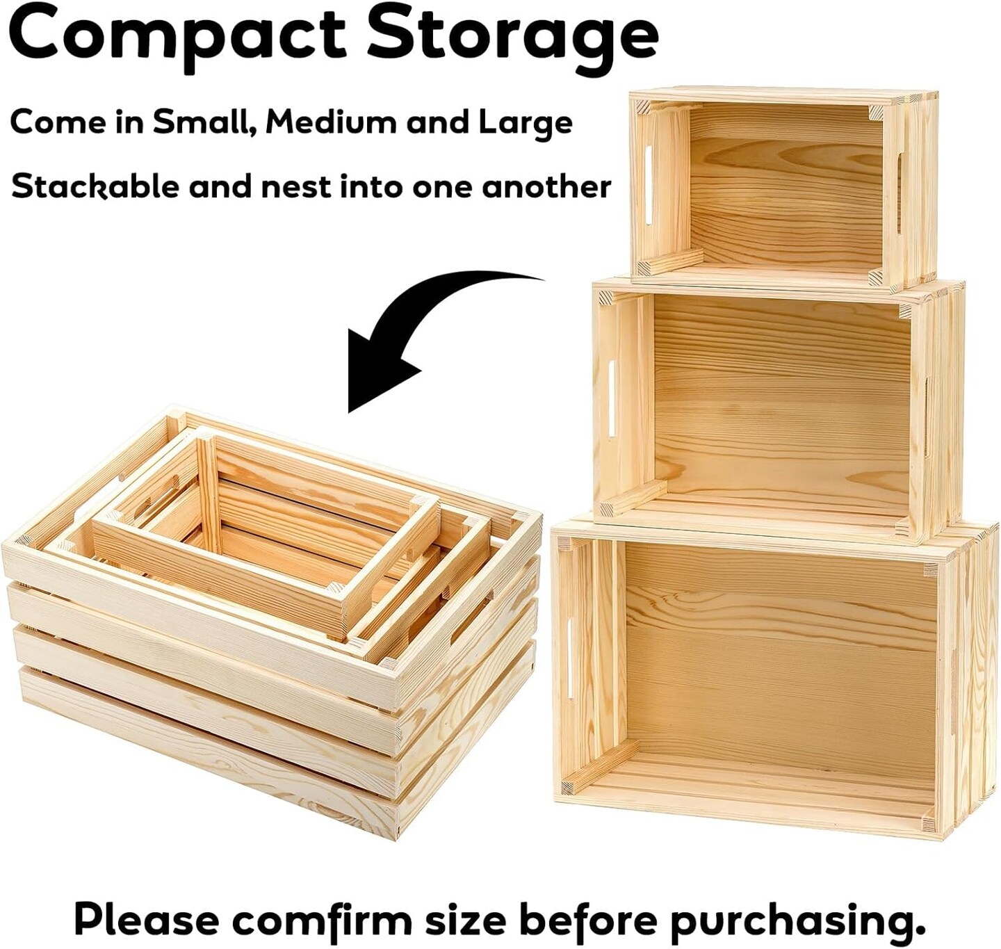 Set of 3 Rustic Wooden Nesting Crates with Handles