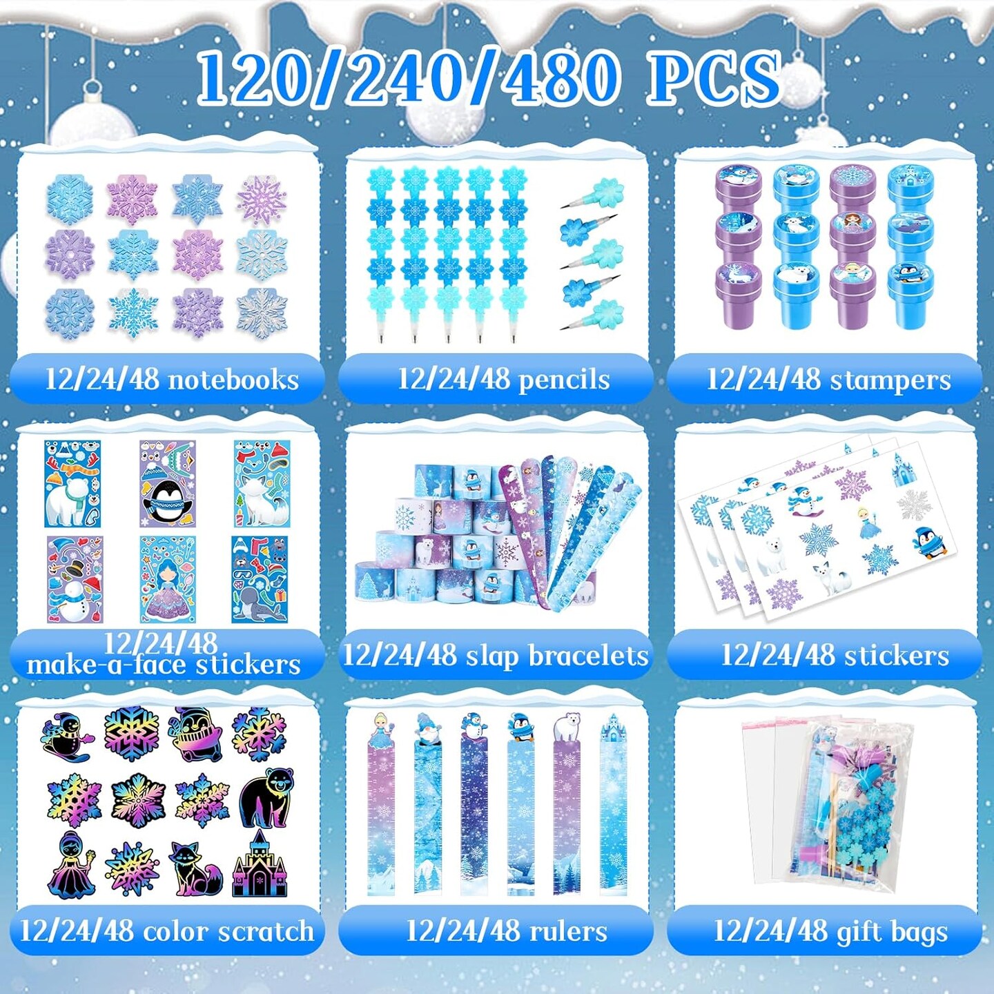 BenLouis 216Pcs Frozen School Stationery Party Favors Winter Snowflake Themed Classroom Gift Reward Prizes Bulk for Students Kids Holiday Frozen Birthday Goodie Bag Stuffers Pinata Filler