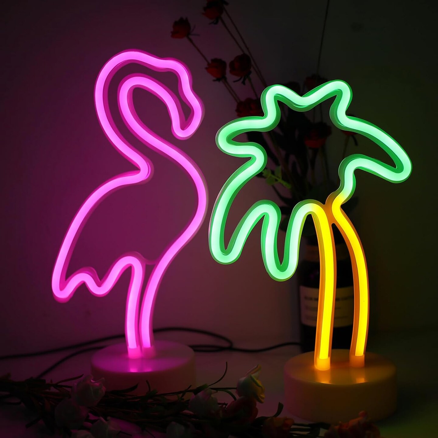 2 Packs Decoration Neon Signs Light Pink Flamingo and Green Palm