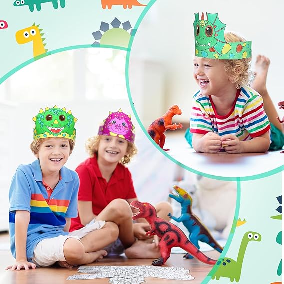 24 Pcs Color Your Own Dinosaur Crown for Kids Dino Coloring Paper Crown for Birthday Party Hats Dinosaur Theme Family Events Party Theme Events Sunday School Activities