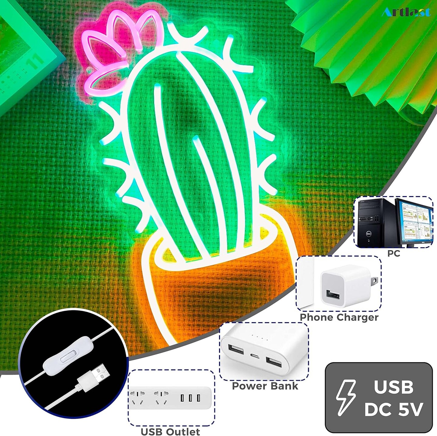 Summer Cactus Neon Sign with Flower &#x2013; LED Light Sign for Tropical Decor, Beach Vibes, and Aesthetic Wall Accent for Home, Nursery, and Party