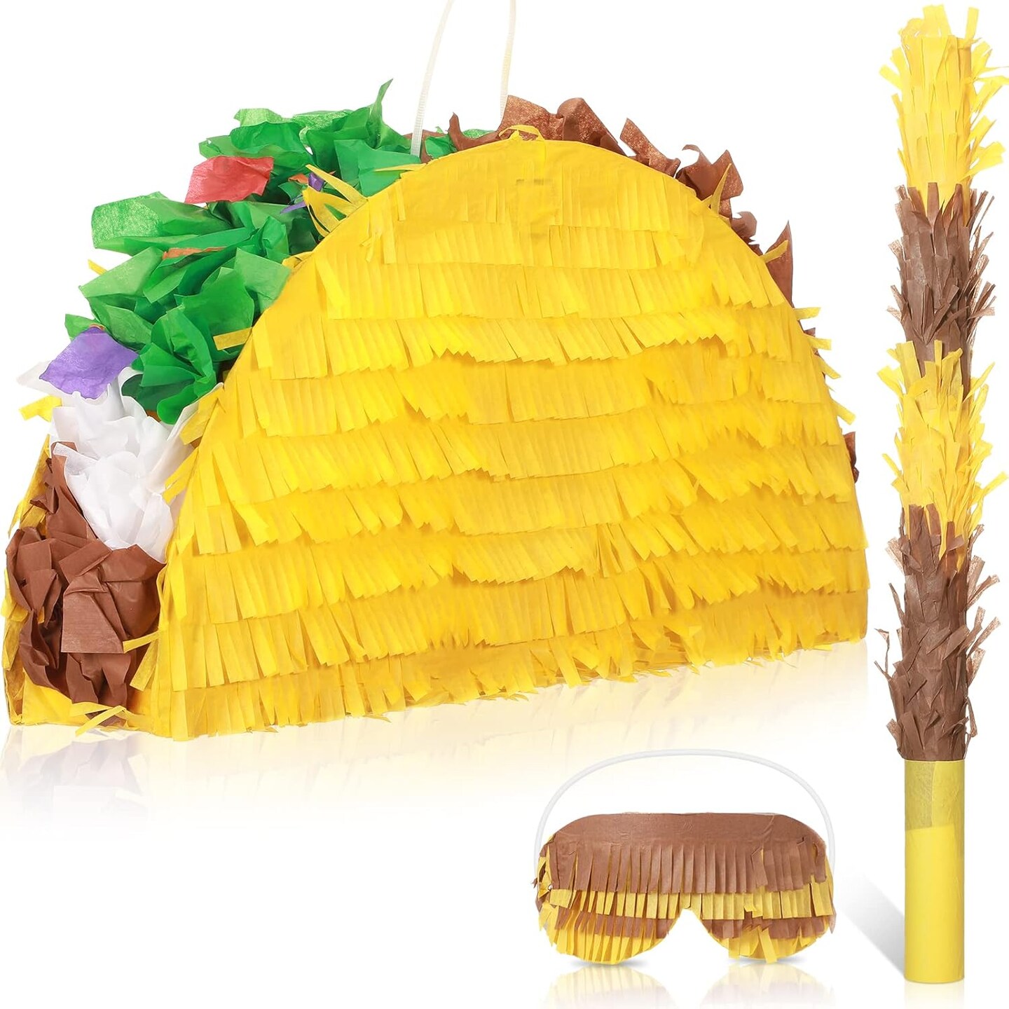 Taco Pi&#xF1;ata Set Mexican Birthday Party Decorations Cinco De Mayo Fiesta Theme Taco Pinata with Plastic Stick and Blindfold for Mexican Themed Party Supplies Favors, 15 x 8 x 3 Inches