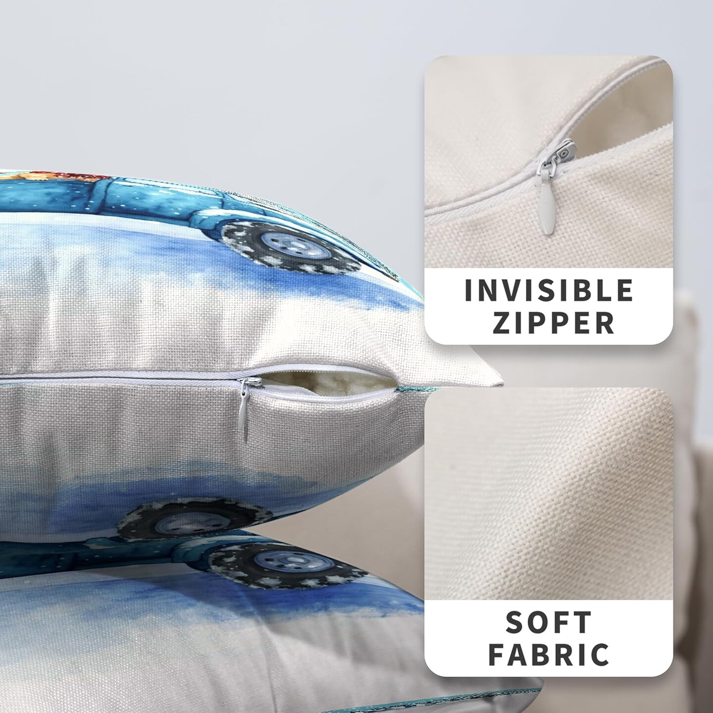 Hello Winter Pillow Covers 18x18 Set of 2 Blue Truck with Lovely Snowman Puppy Dog Throw Pillow Case Snowflakes Snowman Cushion Case for Holiday Decorations Couch Sofa