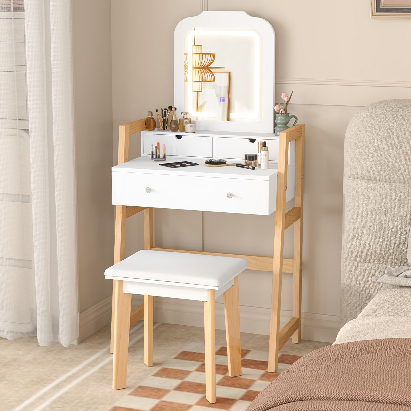 White Adjustable Height Vanity Desk Set with 3-Color LED Lighted Mirror and Storage Drawers