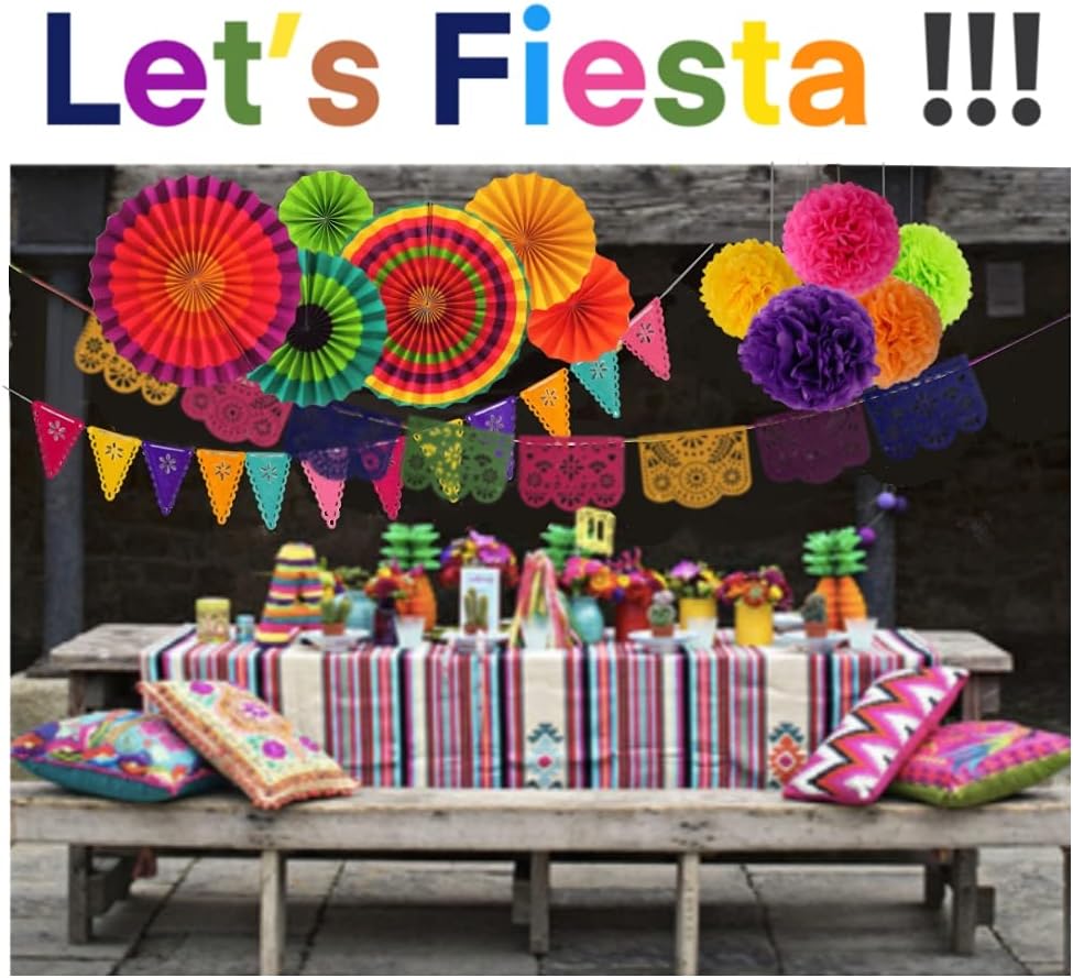 Mexican Fiesta Party Decorations &#x2013; Cinco De Mayo - 6 Paper Fans, 5 Flowers Pom Poms, Papel Picado, Editable PDF Games - Taco Bout Tuesday, Birthday, Engagement Supplies
