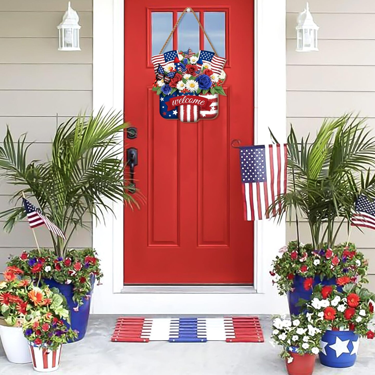 4th of July Door Sign Independence Day Wreath Patriotic Door Decoration Flower US Wooden Sign for Memorial Day Front for Door Decor 12 Inch Outdoor