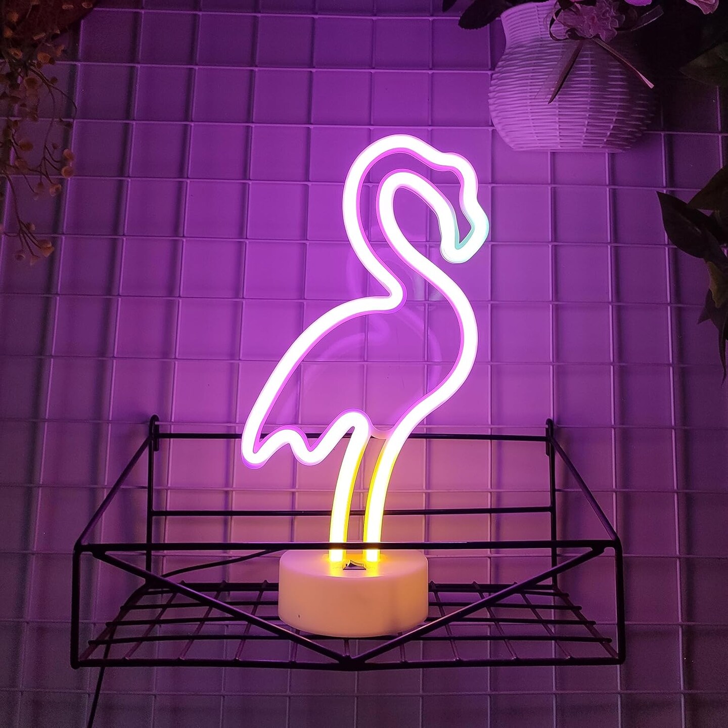 Flamingo Neon Sign with Holder Base, USB or 3-AA Battery Powered Neon Light, LED Desktop Decoration for Parties, Business Displays, and Summer Events (Multicolor)