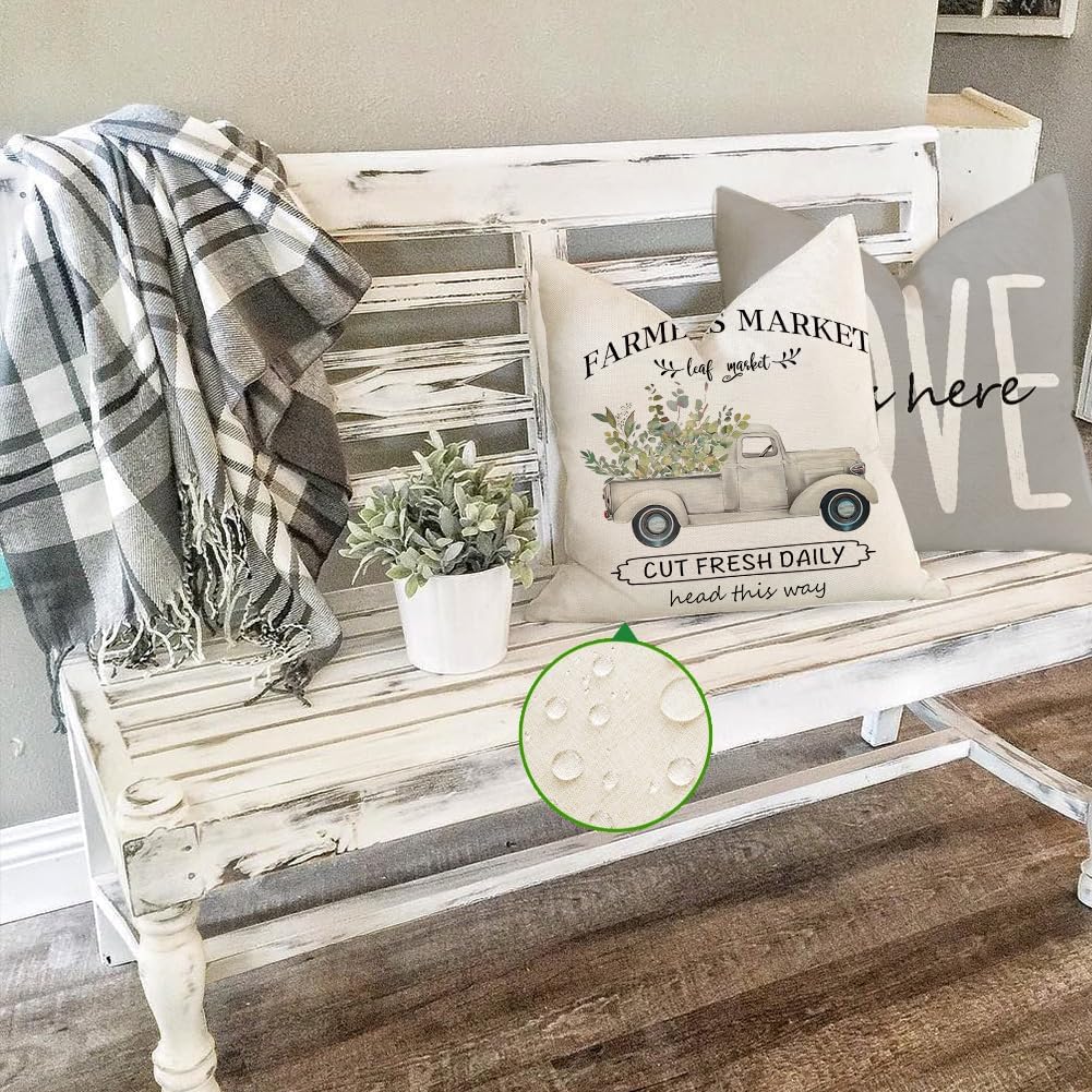 Farmhouse Pillow Covers 18x18 Inch,Outdoor Waterproof Home Sweet Home Truck Love Lives here Eucalyptus Leaves Cushion Case Decorations for Sofa Couch Set of 4 Gray