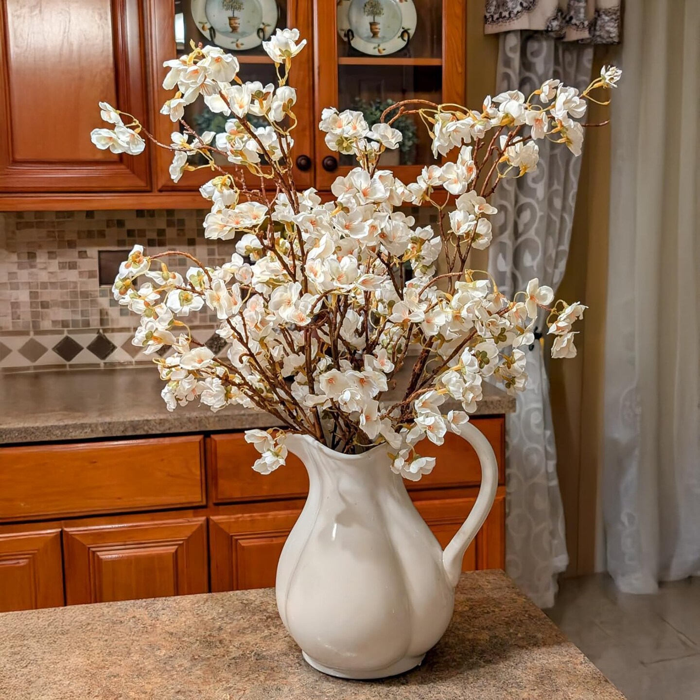 4 Pcs Summer Floral Arrangement &#x2013; Artificial Cherry Blossom Flower Branches, Bulk Silk Faux Flowers Real Touch Bouquet for Home Decor, Vase Not Included (White)