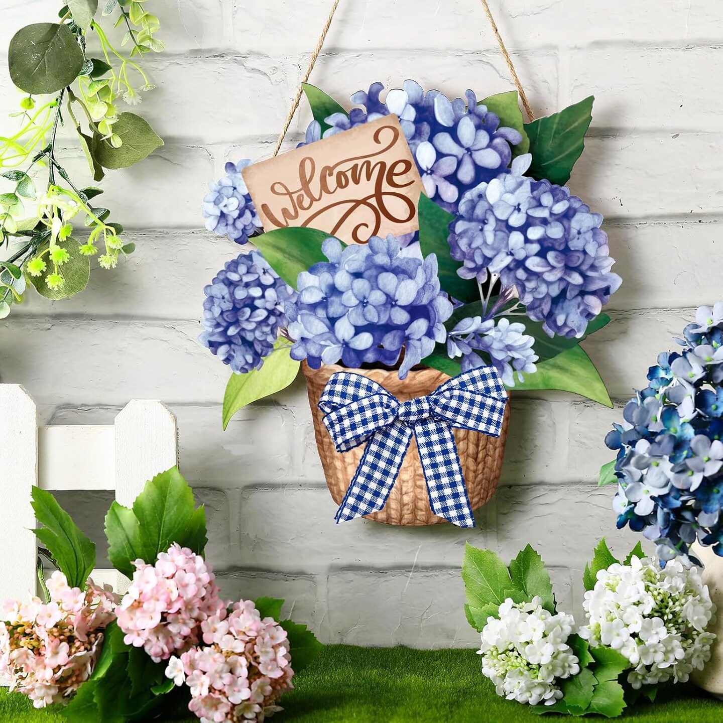 Summer Porch Sign Decor, Hydrangea Flowers Spring Wreath for Front Door, Welcome Hanging Sign for Home, Summer Decor Sign