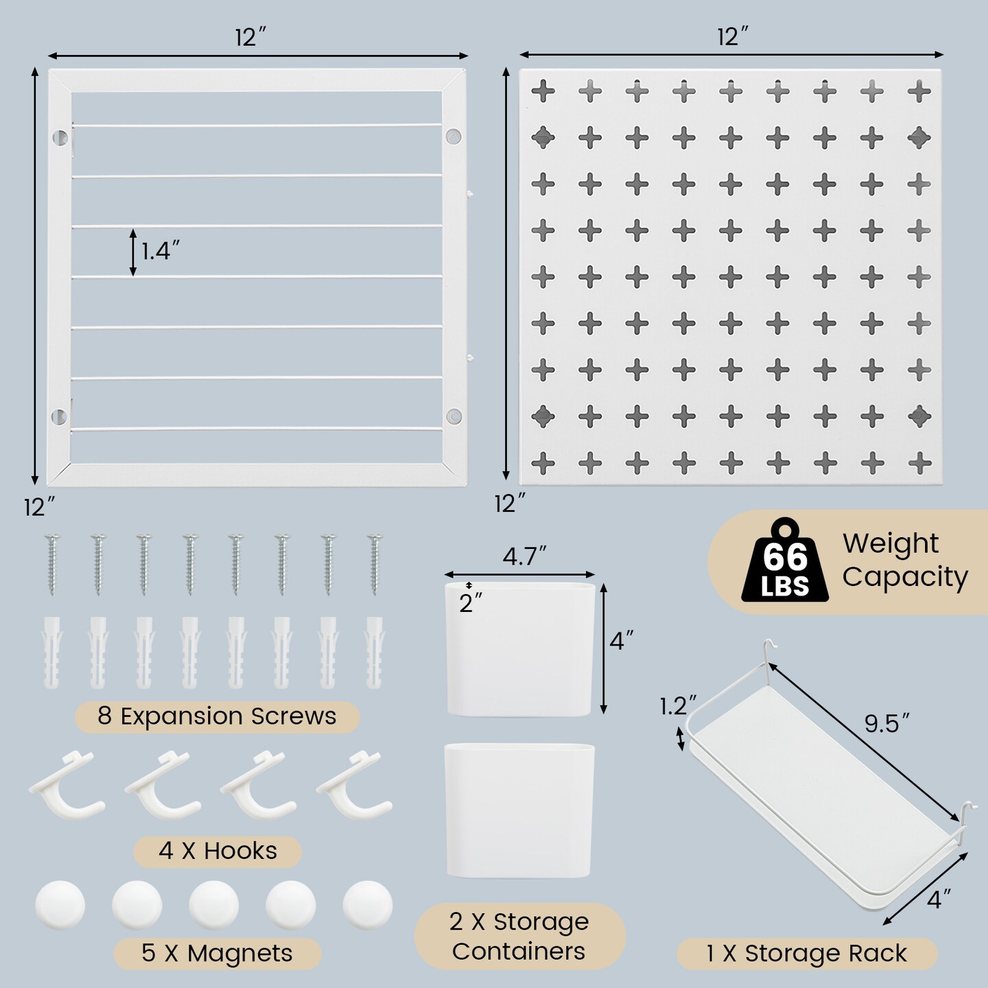 White Metal Wall Organizer 2 Pegboard Panels Combination Kit with Magnets and Hooks