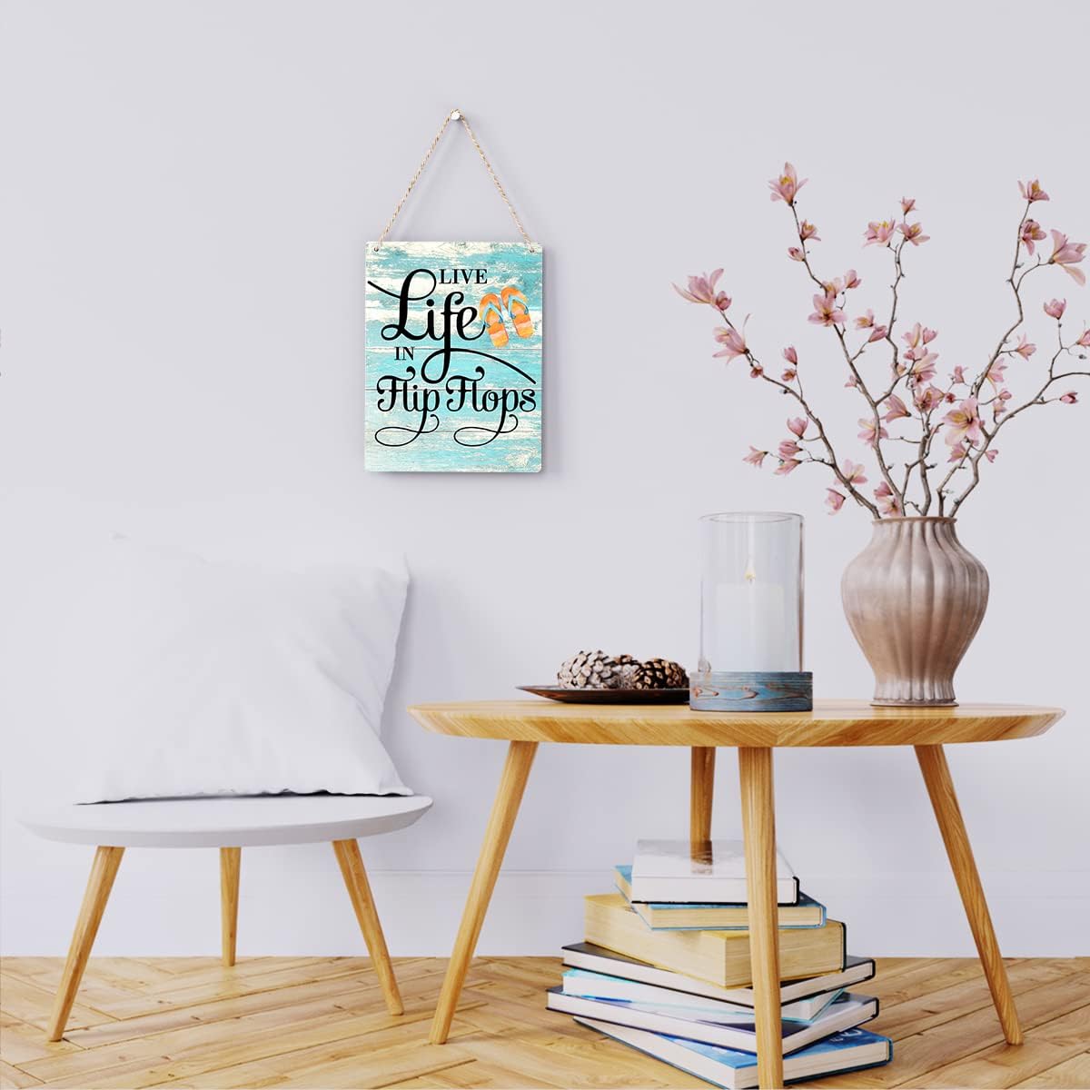 Rustic &#x22;Live Life in Flip Flops&#x22; Wooden Hanging Sign &#x2013; Farmhouse Beach House Wall Art, Summer Plaque Decor for Pool and Home (8 x 10 Inches)