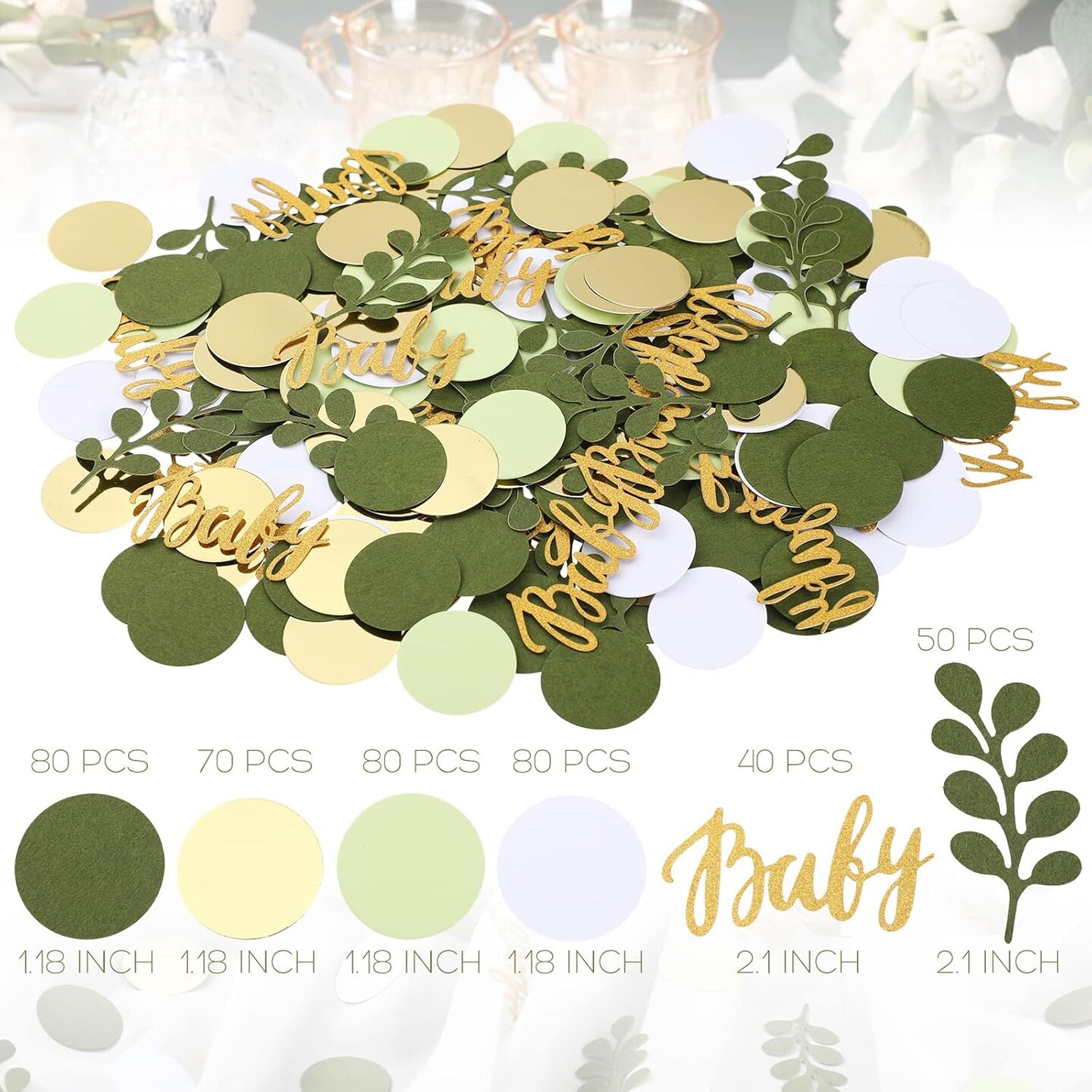 400 Pcs Greenery Baby Shower Confetti Scatter Decorations Green Brown White Table Confetti Dots with Eucalyptus and Gold Scatter for Baby Shower Gender Reveal Decor