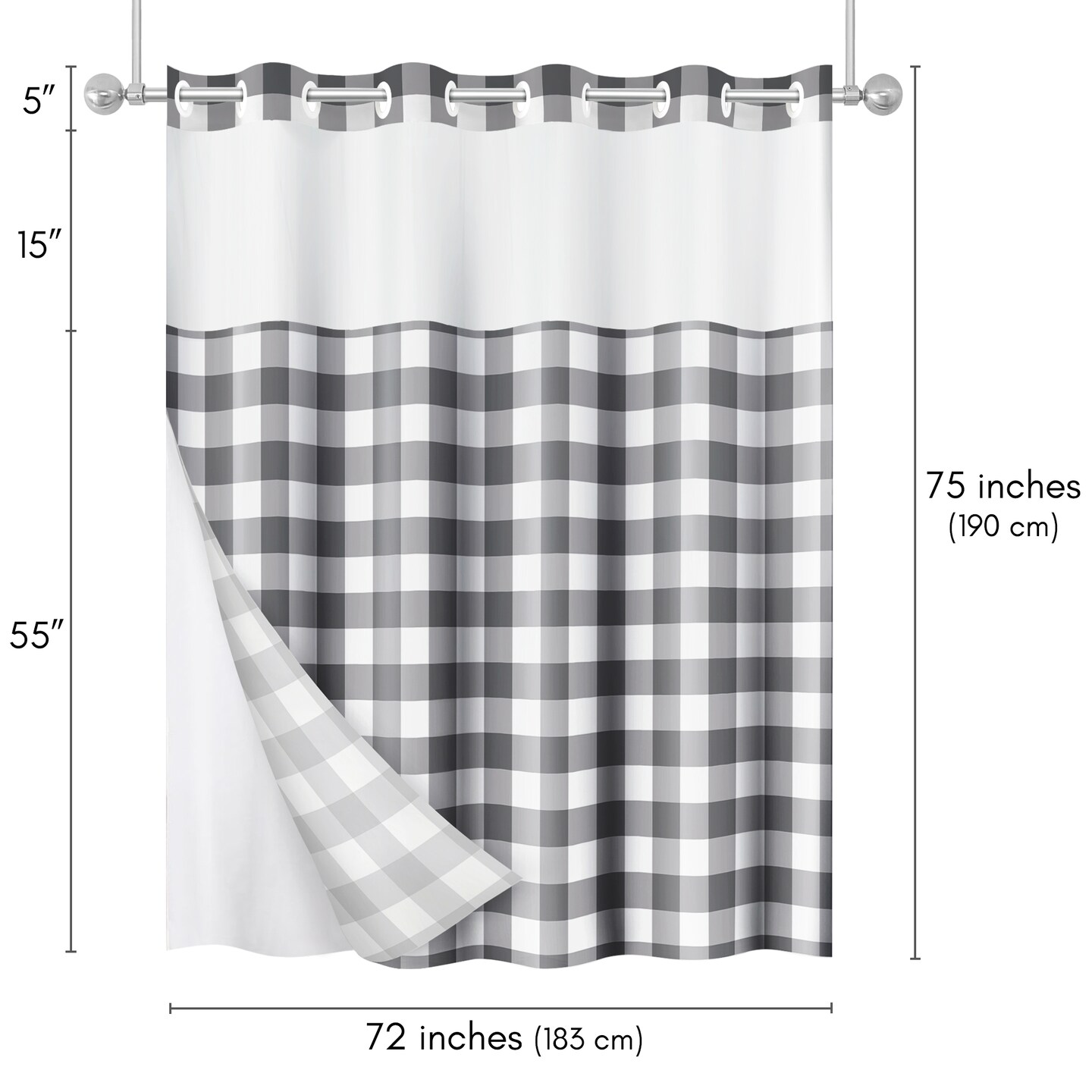 Americanflat 72x75 Hookless Shower Curtain - Water-Resistant Shower Curtain with Sheer Panel, Snap-In Liner, and Grommets - 100% Polyester