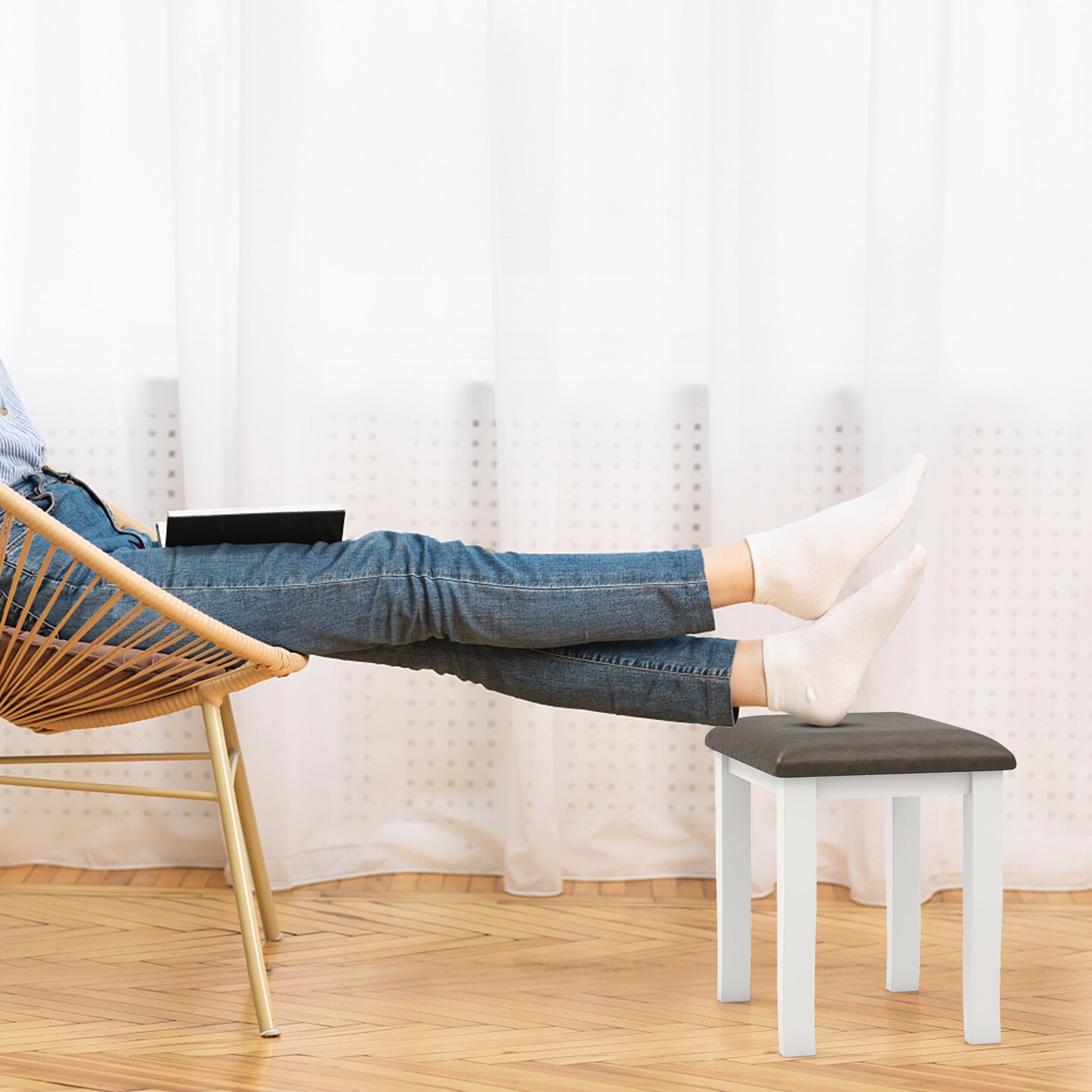 Set of 2 Vanity Stool Set, Cushioned, Solid Wood Frame, Stylish and Versatile Design