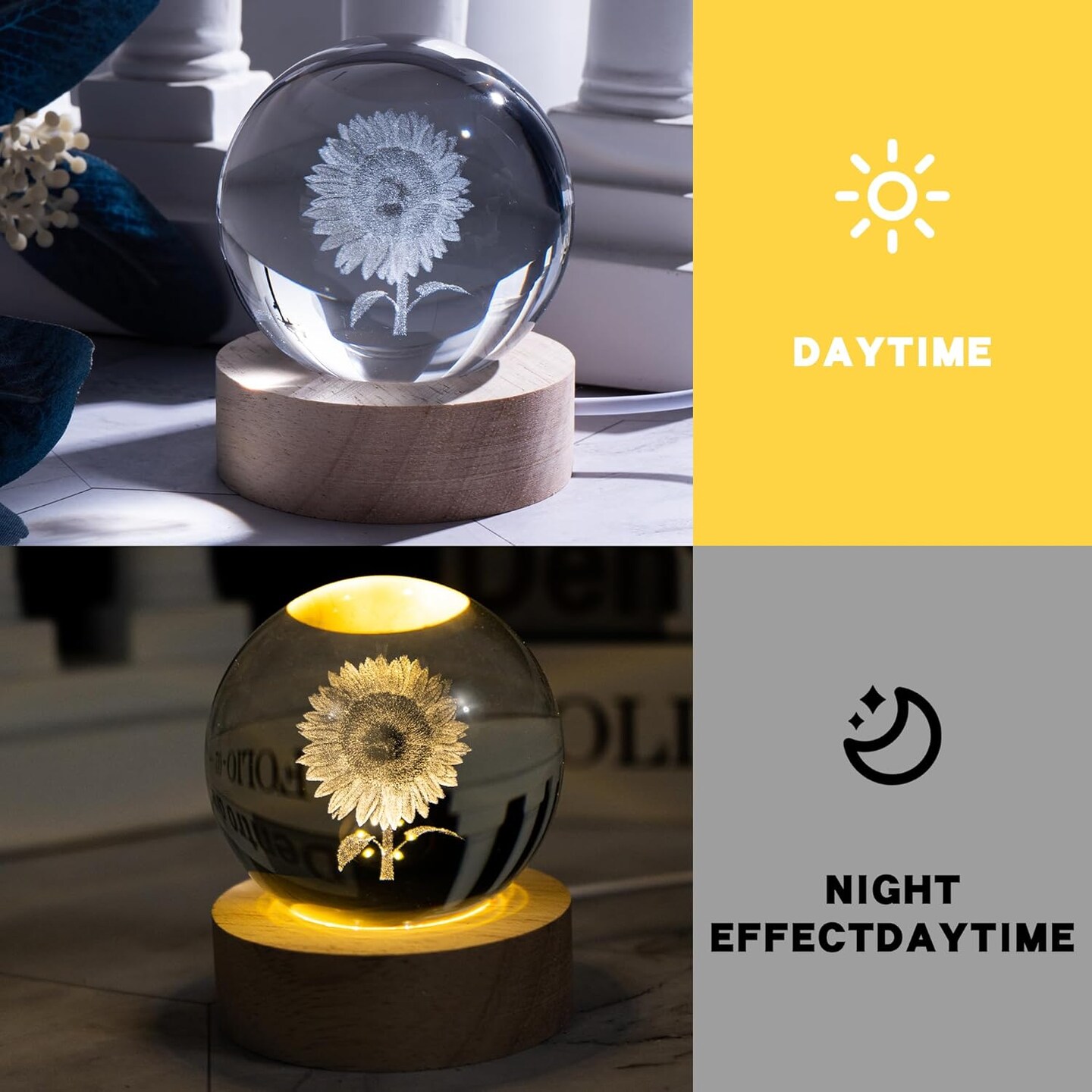 "Summer Tabletop Decor: 3D Laser Etched Sunflower Crystal Ball with Stand – 60mm Glass Sphere Lamp, Night Light, Sunflower Figurine, Glass Paperweight for Bright Seasonal Displays"
