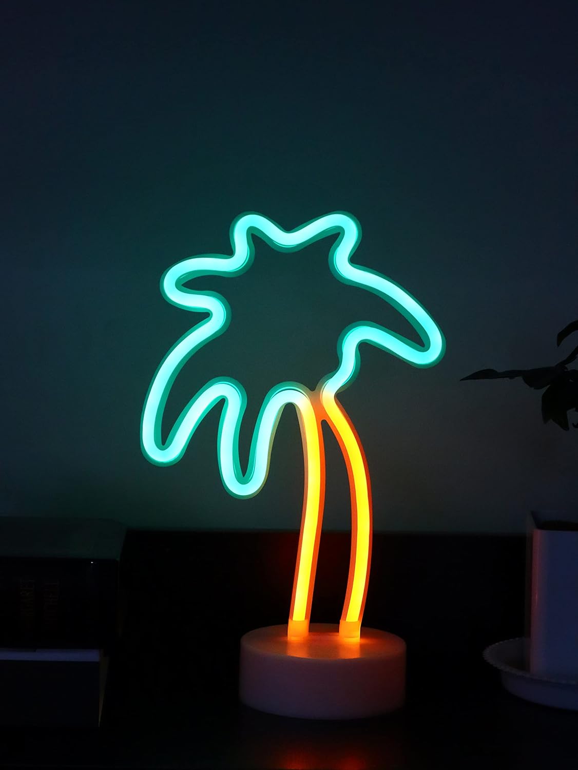 Summer Tropical Neon Palm Tree Light &#x2013; Summer Night Lamp for Beach-Themed Room Decor, USB/Battery Powered, 11.5&#x201D; Table Light