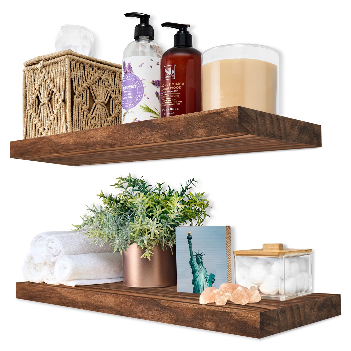 Sorbus Wood Floating Shelves for Wall - 16” Solid Wood Wall Shelves for Bathroom Decor, Books, Bedroom & Living Room - Set of 2 Black Wall Mounted Kitchen Shelves - Durable 100% Premium Solid Pine