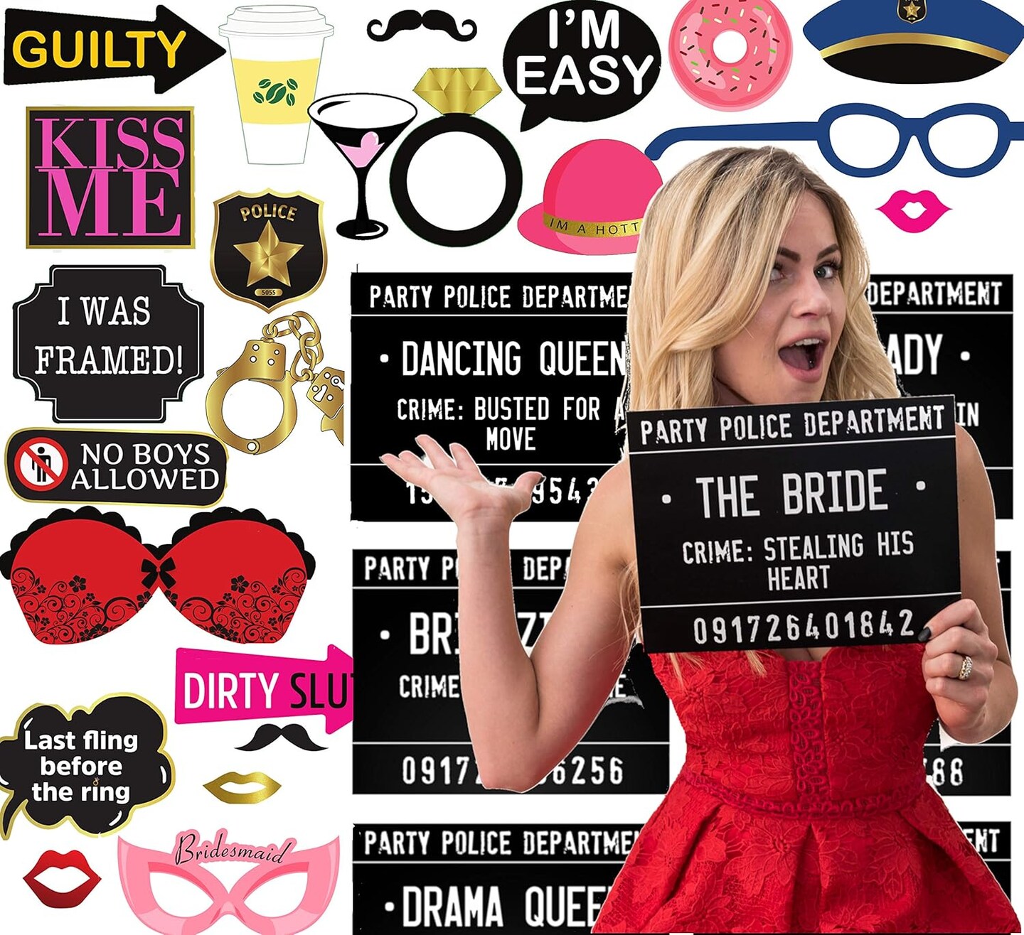 40 Unique Crimes on Fun Bachelorette Party Mugshots! Includes 34 pieces of Photo Booth Props, Game instructions! Great idea for Birthdays, Girls Night Out, Stagettes, NYE, Hen Parties, Party supplies!