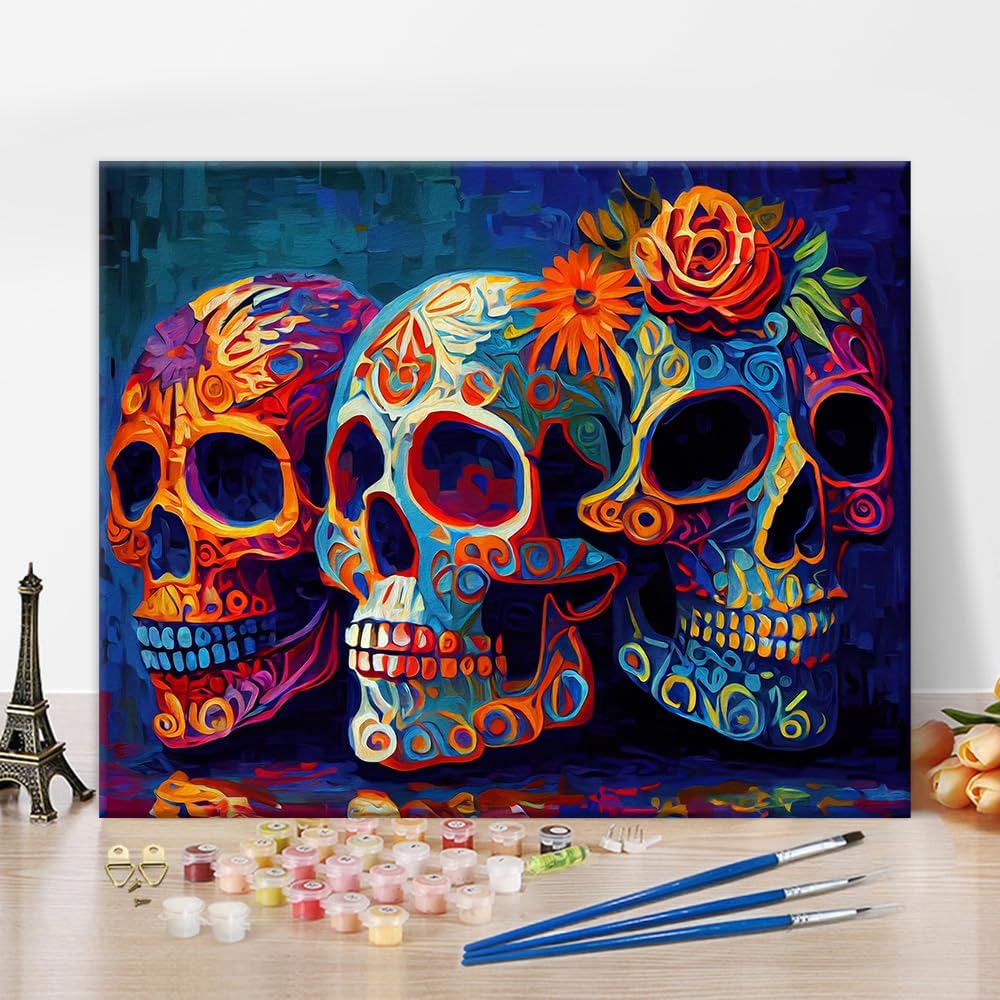 Paint by Numbers for Adults, Mexican Day of The Dead Skulls Artwork Paint by Number Kits Unframed Paint by Numbers for Adults Beginner Colorful Skull Art Wall Decor Acrylic Paints 16"x20"