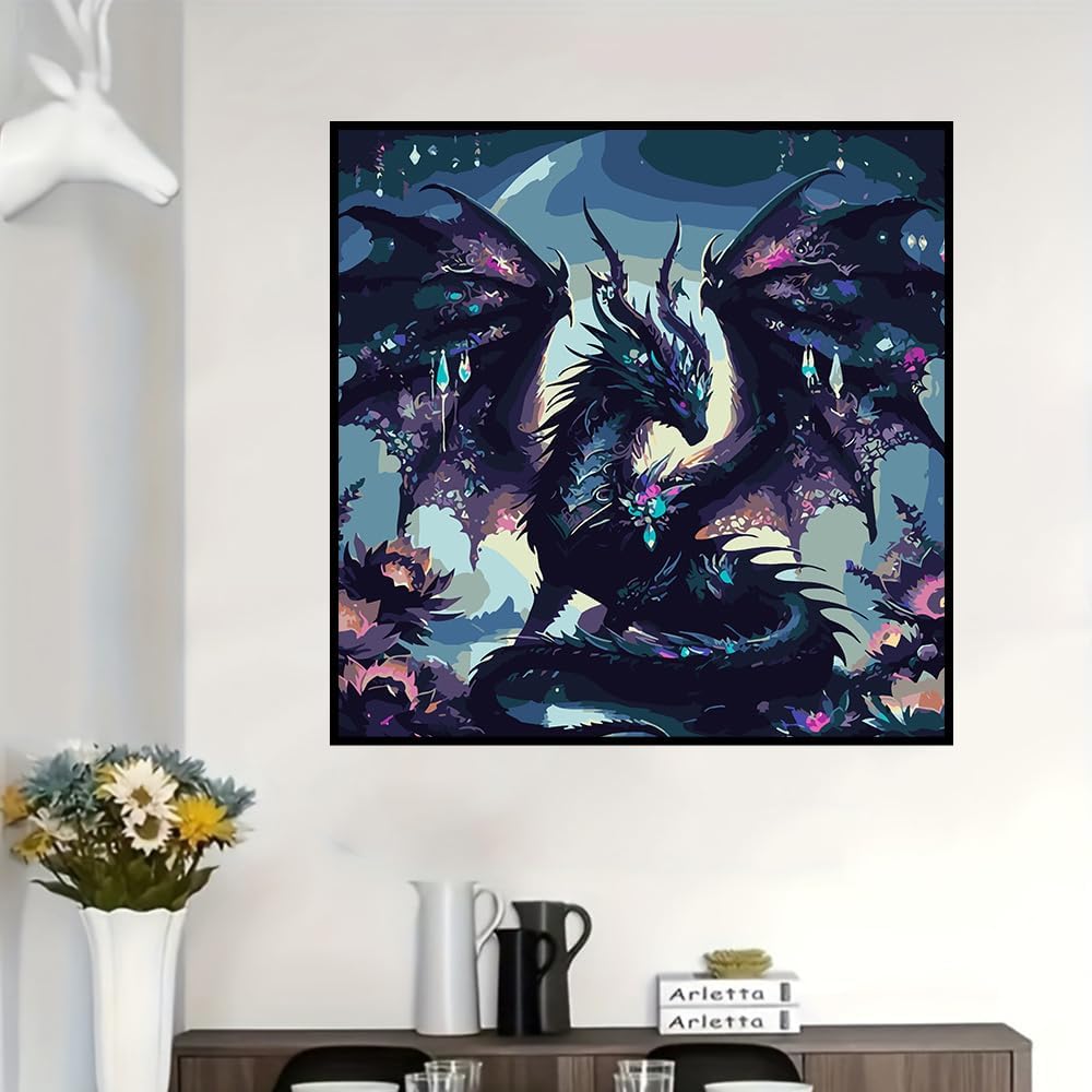 Dragon Paint by Numbers Kit for Adults Beginner Black Dragon Adults&#x27; Paint-by-Number Kits Easy Paint by Number Oil Painting Kit Acrylic On Canvas for Gifts Wall Decor 16x16 Inch