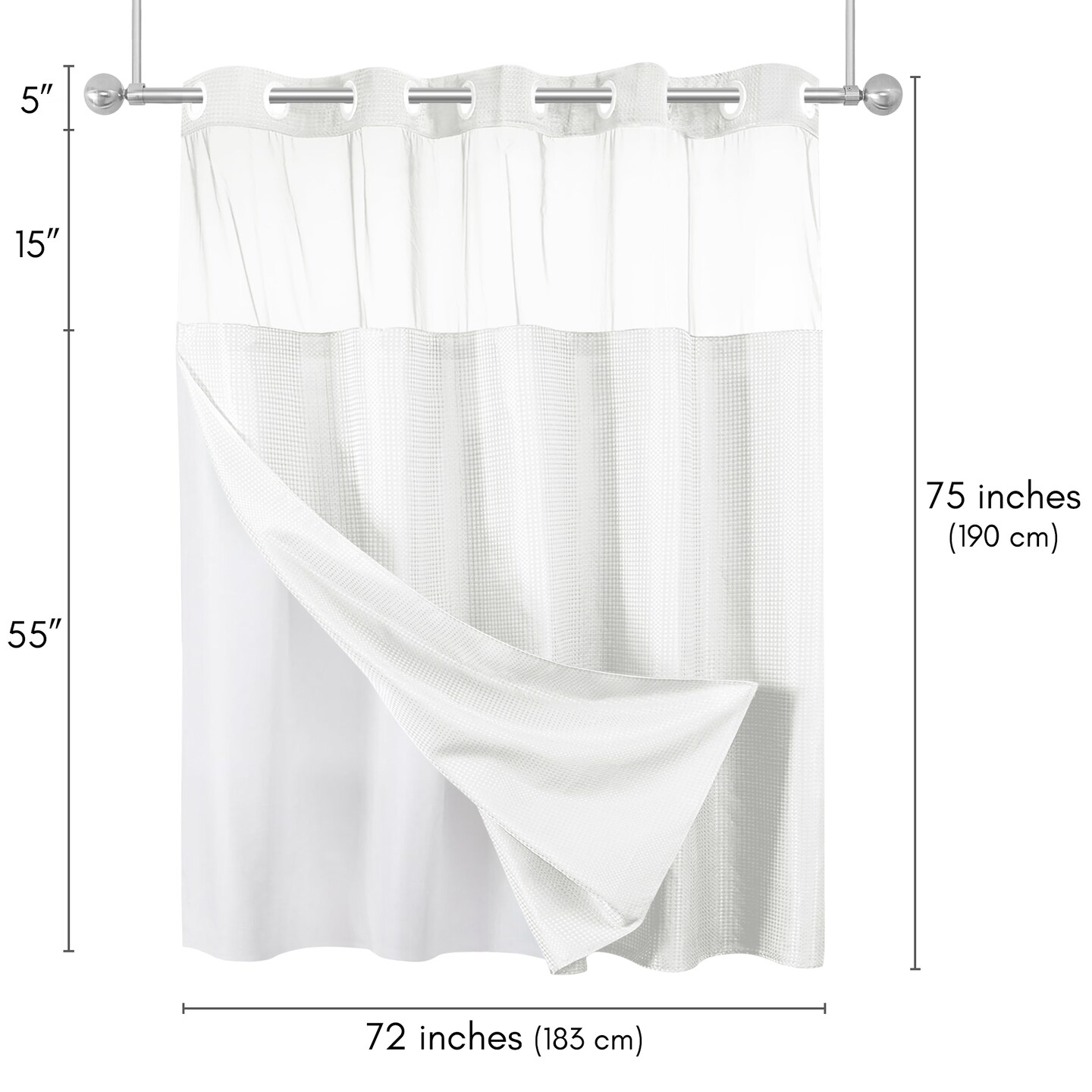 Americanflat 72x75 Hookless Waffle Pattern Shower Curtain - Water-Resistant Long Shower Curtain with Sheer Panel, Snap-In Liner, and Grommets