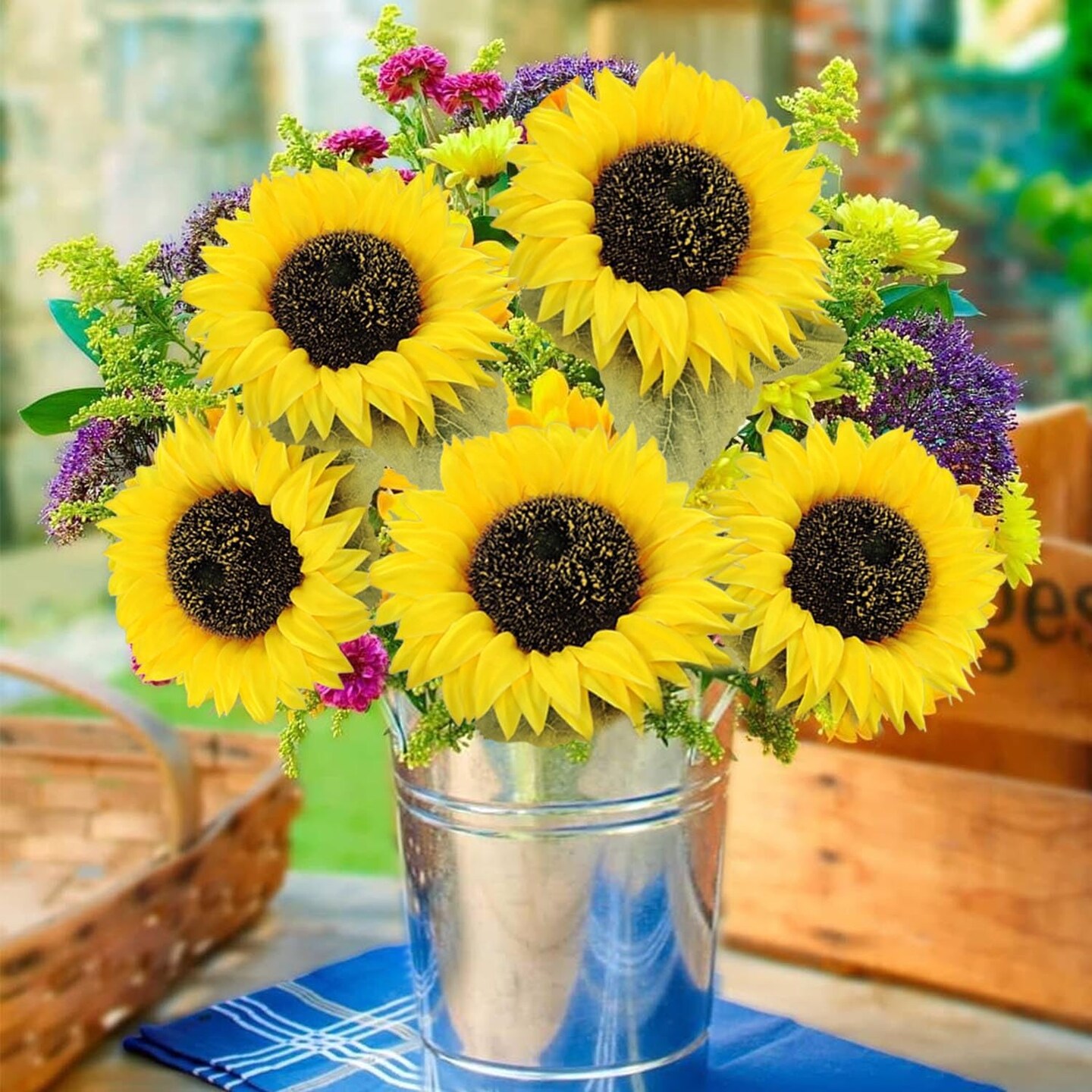 10 Pcs Summer Artificial Sunflowers with Long Stems &#x2013; Bright Yellow Silk Sunflower Bouquets for Summer Weddings, Home, and Garden Decor