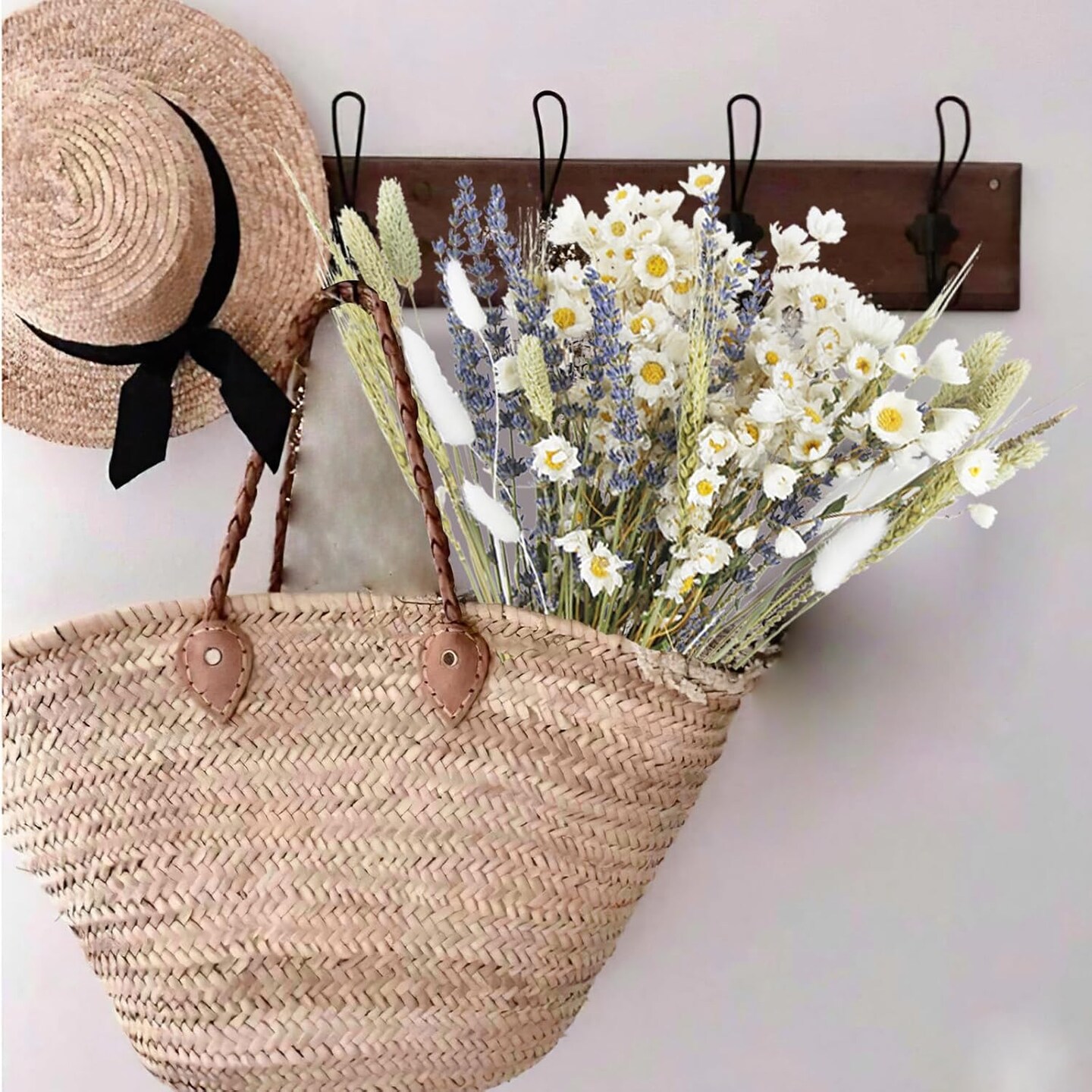 Dried Flowers Bouquet Dried Daisy Flowers Natural Lavender Dried Flowers Bunny Tails Gerber Daisies Flowers Wheat Stalks Floral Arrangements for Wedding Table Centerpiece Decor Farmhouse DIY