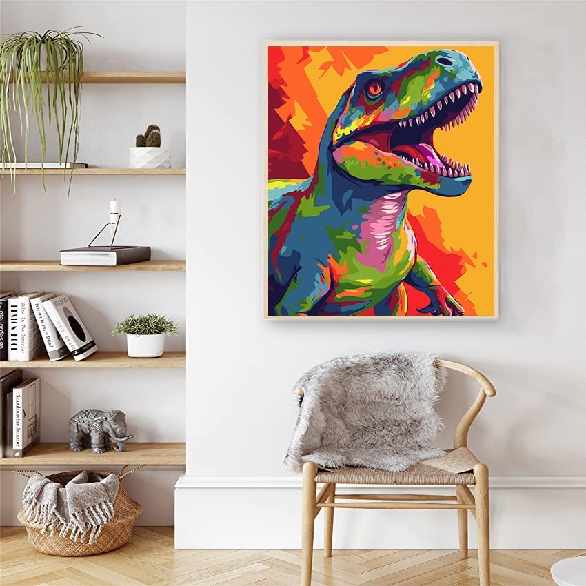 Colorful Dinosaur Paint by Numbers for Adults Beginner, Animal Paint by Number Kits, DIY Oil Painting Paint by Number Kits on Canvas Arts Craft for Home Wall Decor 16x20 Inch