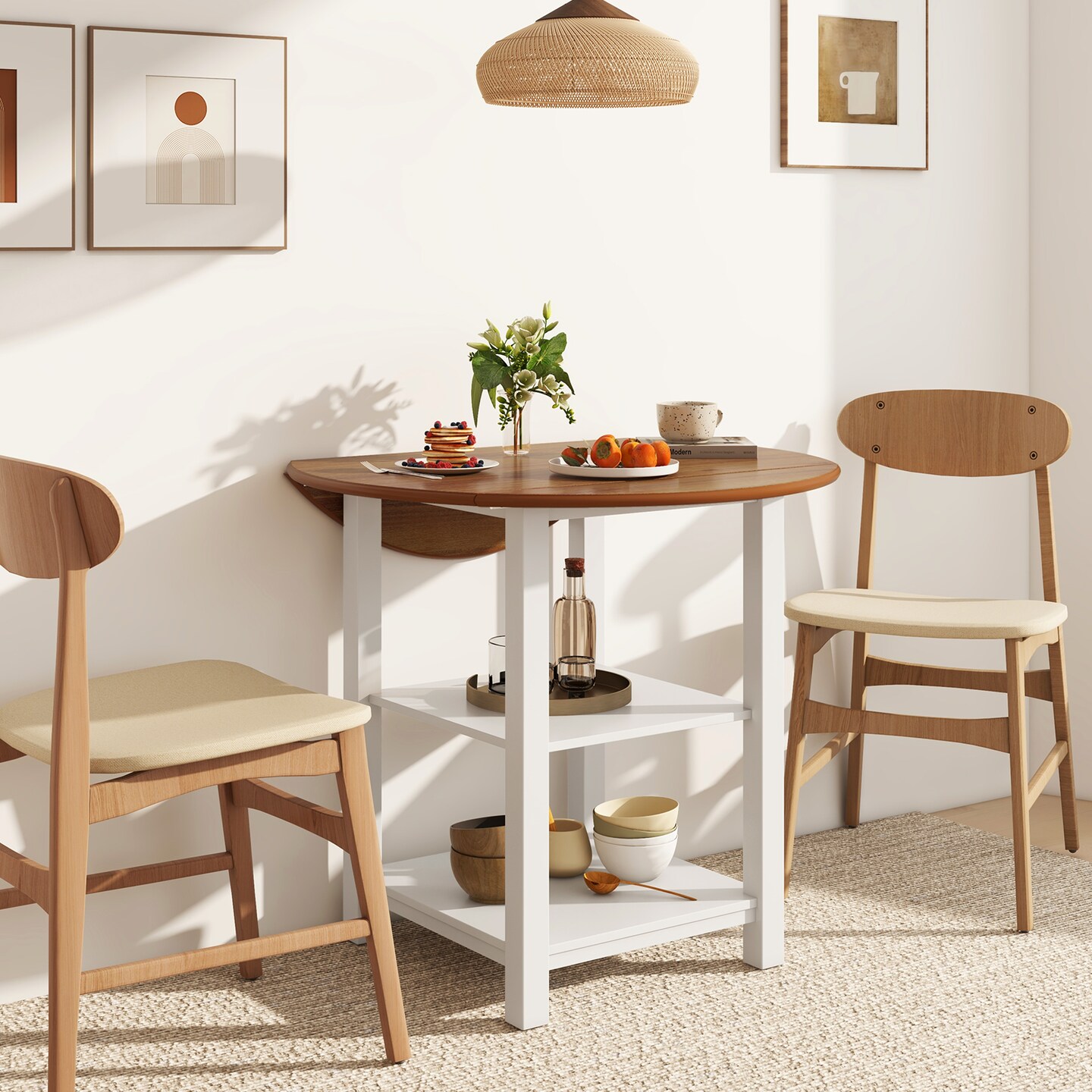 White Folding Dining Table with Storage and Rubber Wood