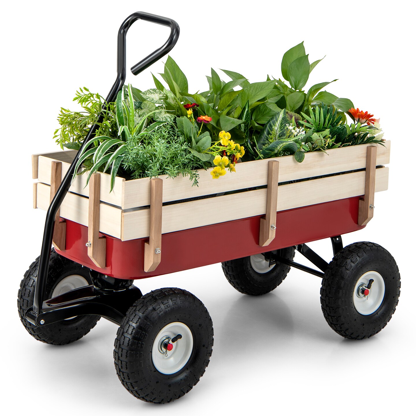 Garden Cart with Wood Railing and Pneumatic 2 Front Wheels Perfect for Grassland or Sand Land
