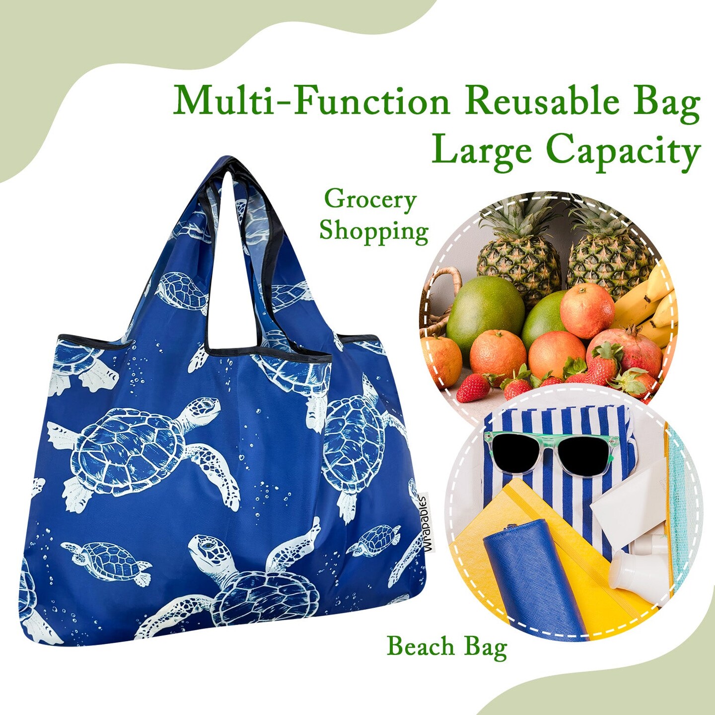 Wrapables Large Foldable Tote Nylon Reusable Grocery Bags, Marine Turtles