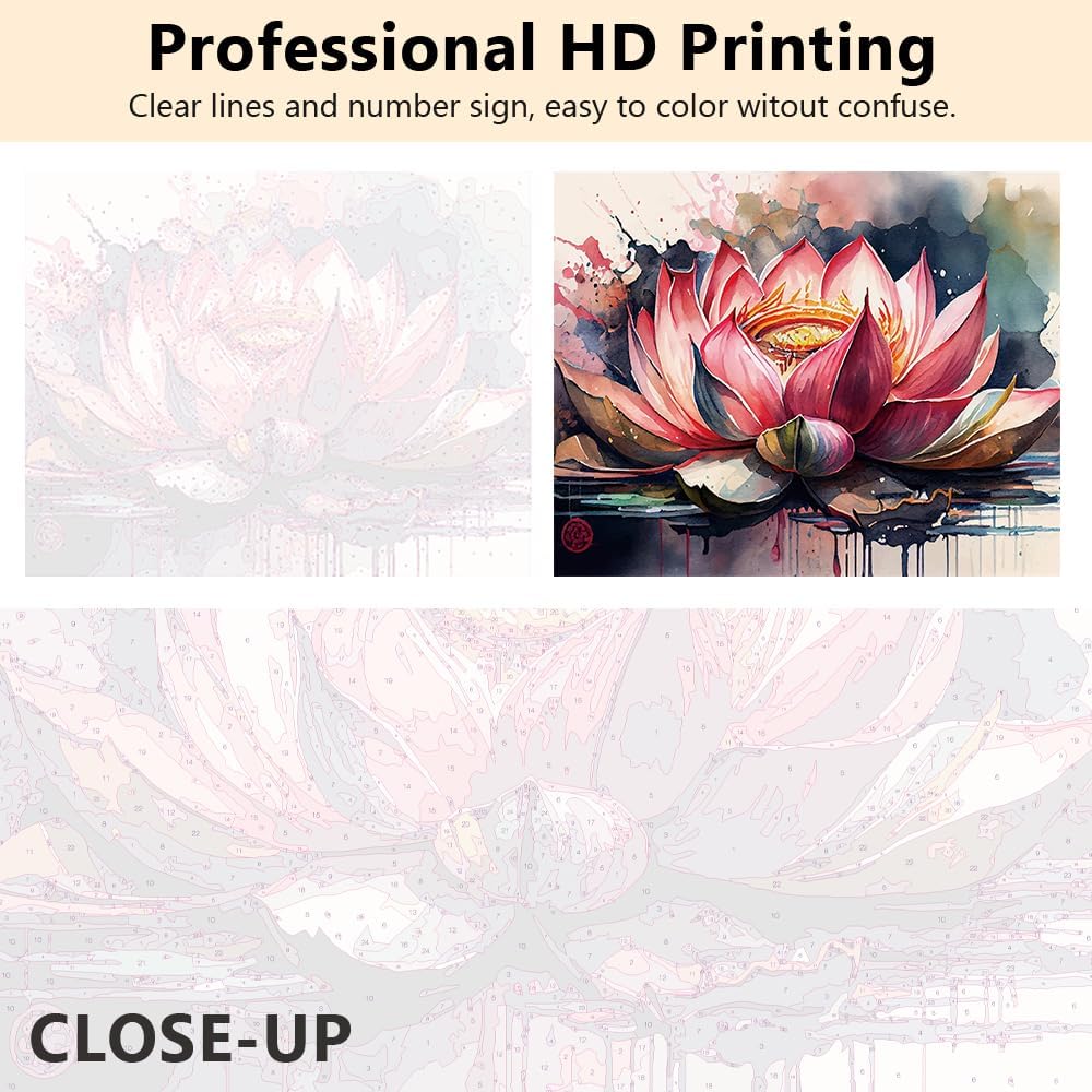 Pink Lotus Paint by Numbers, Retro Flower Paint by Numbers, Colorful Abstract Lotus Oil Painting Kit, DIY Acrylic Painting for Adults with Brushes and Pigment, 16x20 Inch