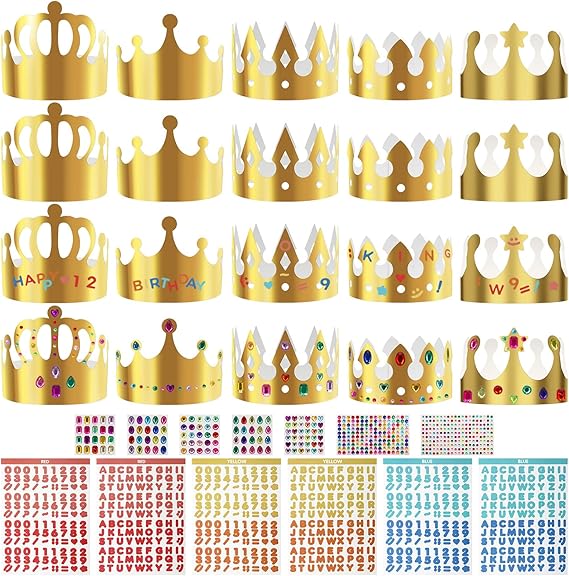 33 Pieces Paper Crowns Set Paper Prince Princess Crown Hats DIY Party Crowns Make Your Crowns With Gem Number Letter Stickers