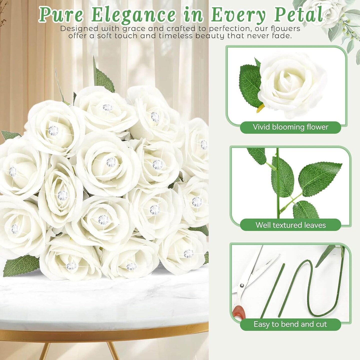 5PCS White Rose Artificial Flowers with 15PCS Diamond Pins for Bouquets