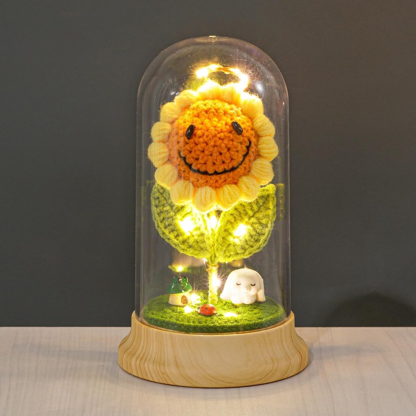 Sunflower Gifts for Women, with Led Glass Dome Smiley Crochet Artificial Sun Flower Desk Decorations, for Her Mom Mothers Day Birthday Christmas Valentine Gifts (W 4.3&#x22; X H 7.5&#x22;)