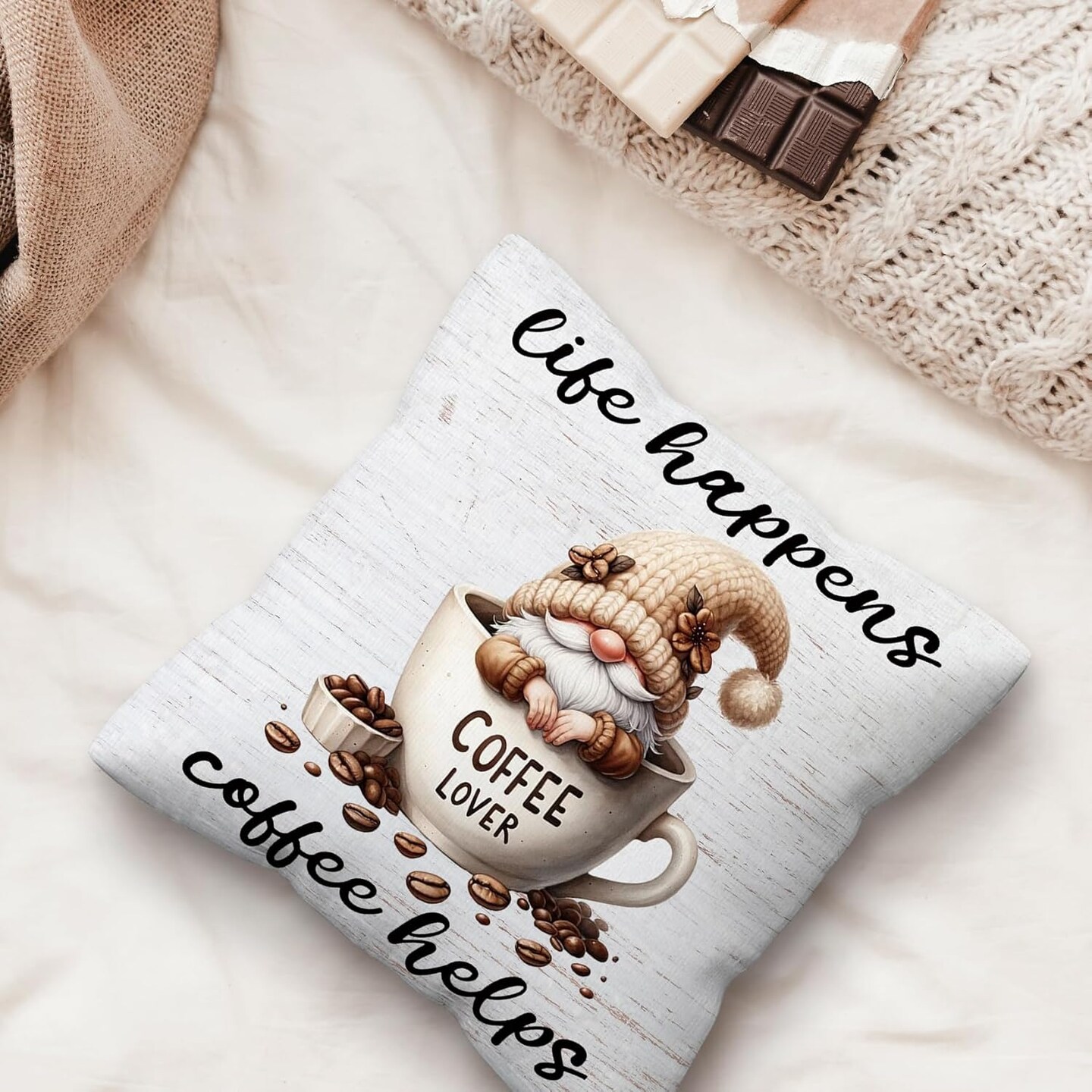 Coffee Gnomes Pillow Covers 18x18, Life Happens Coffee Helps Cute Sofa Decor Throw Pillow Covers for Kitchen Coffee Bar Coffee Station Office Room Decor, Gnome Sign Gnome Lovers Gifts