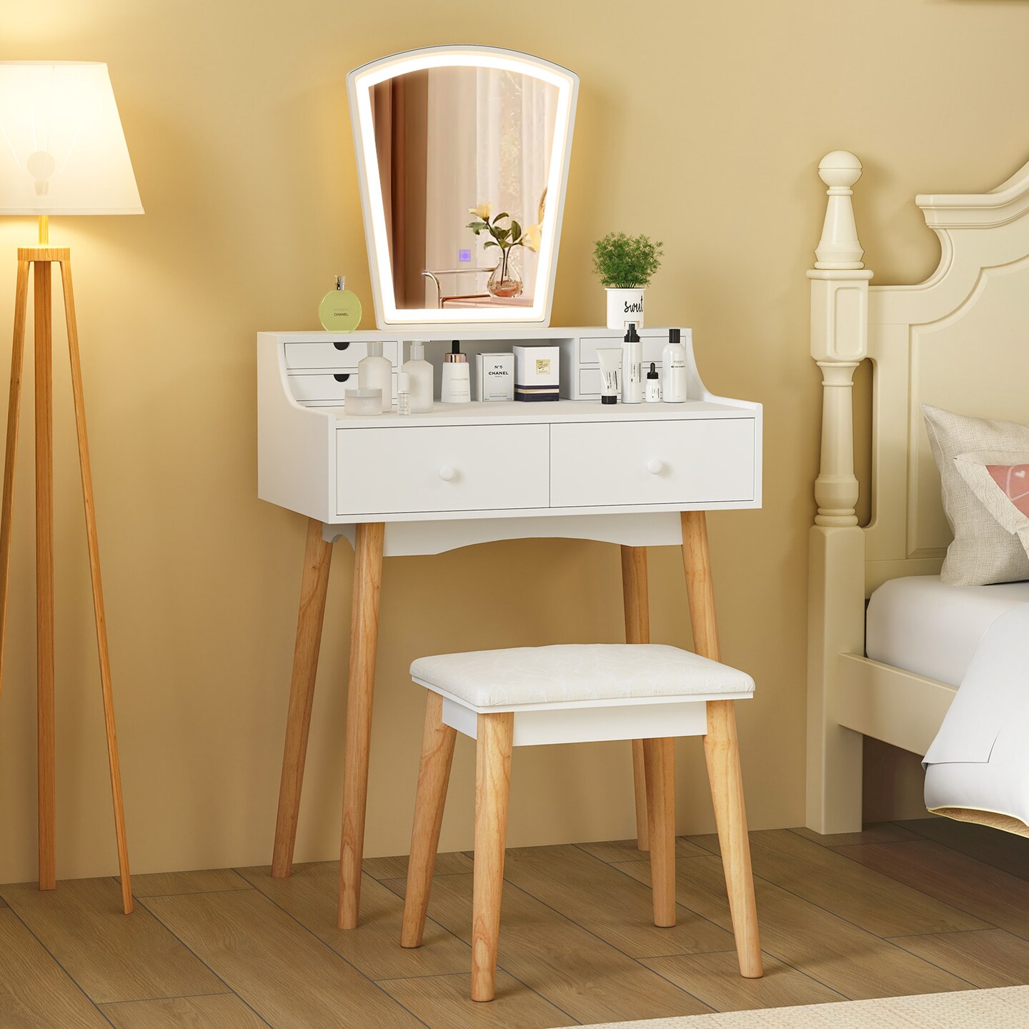 White Vanity Desk Set with 3-Color Adjustable LED Lighted Mirror and Storage Drawers