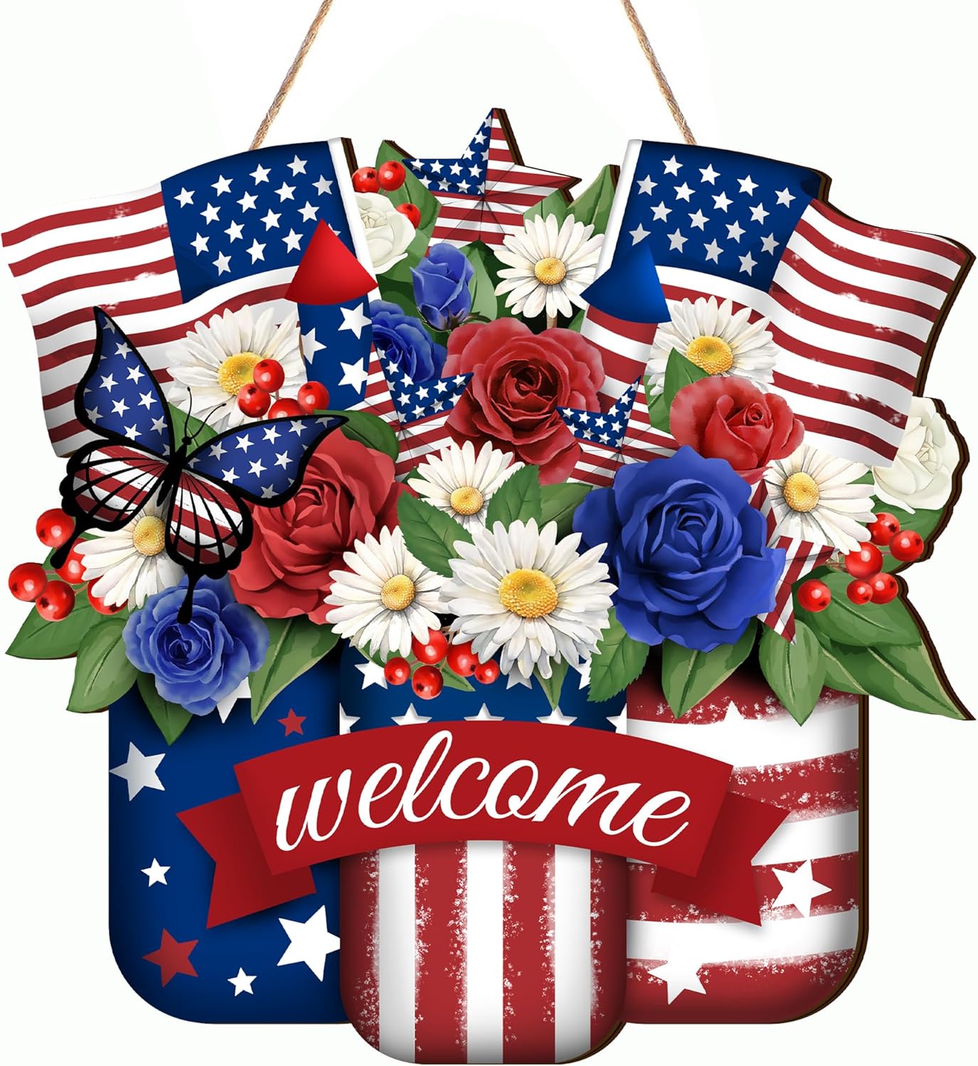 4th of July Door Sign Independence Day Wreath Patriotic Door Decoration Flower US Wooden Sign for Memorial Day Front for Door Decor 12 Inch Outdoor