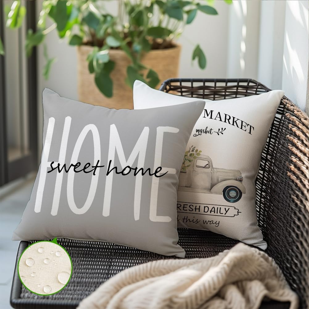 Farmhouse Pillow Covers 18x18 Inch,Outdoor Waterproof Home Sweet Home Truck Love Lives here Eucalyptus Leaves Cushion Case Decorations for Sofa Couch Set of 4 Gray