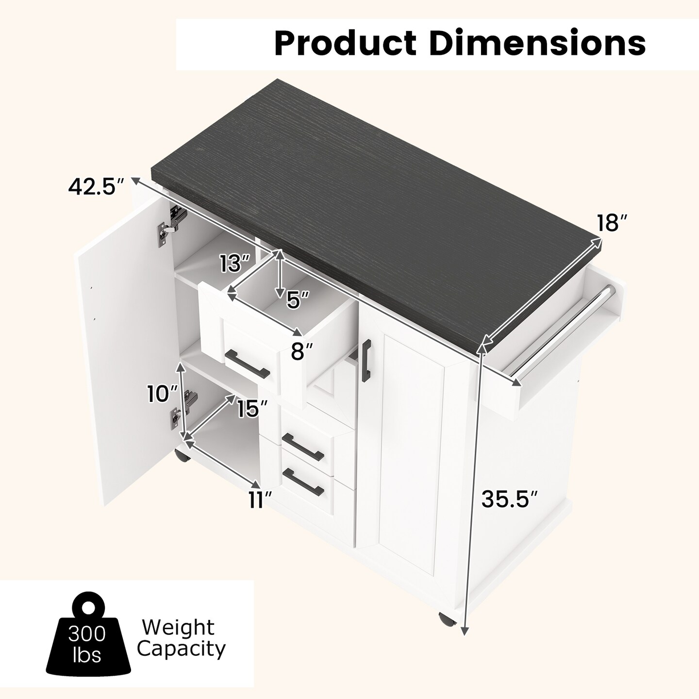 White Engineered Wood Kitchen Island Cart with Drawers and Towel Rack
