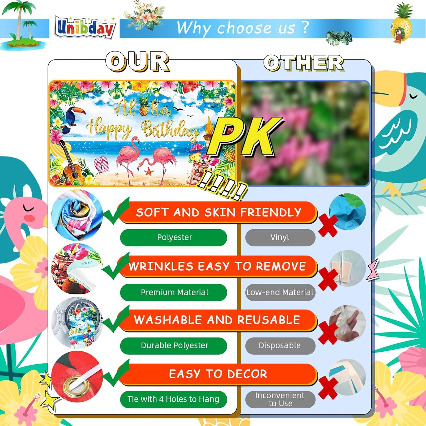 Birthday Party Decorations Supplies, Summer Hawaiian Birthday Backdrop for Tropical Flamingo Pool Beach Party Decoration