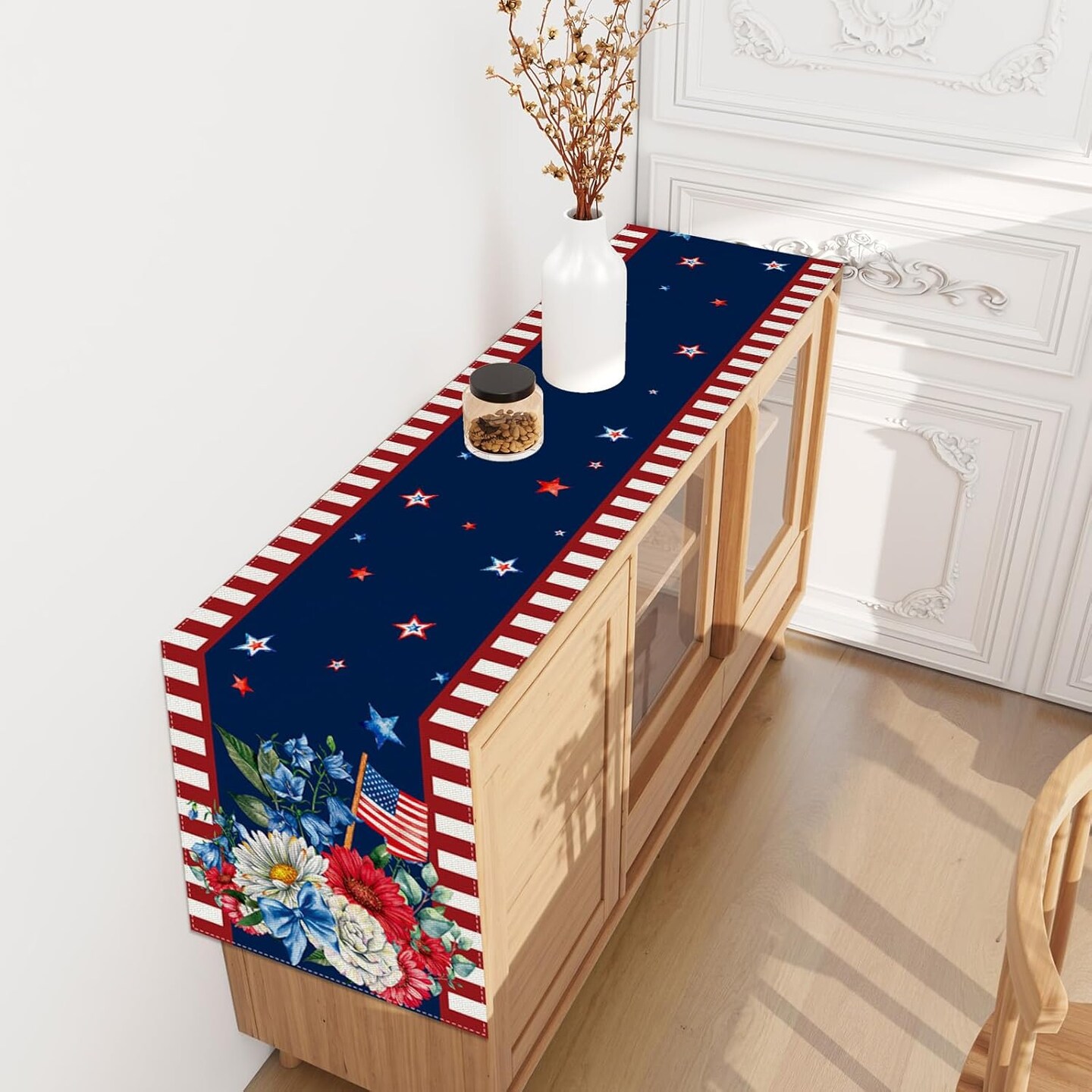 Watercolor Red White and Blue American Flag Stars Table Runner 72 Inches Long 4th of July Memorial Day Veterans Day Patriotic Decoration and Supplies for Home