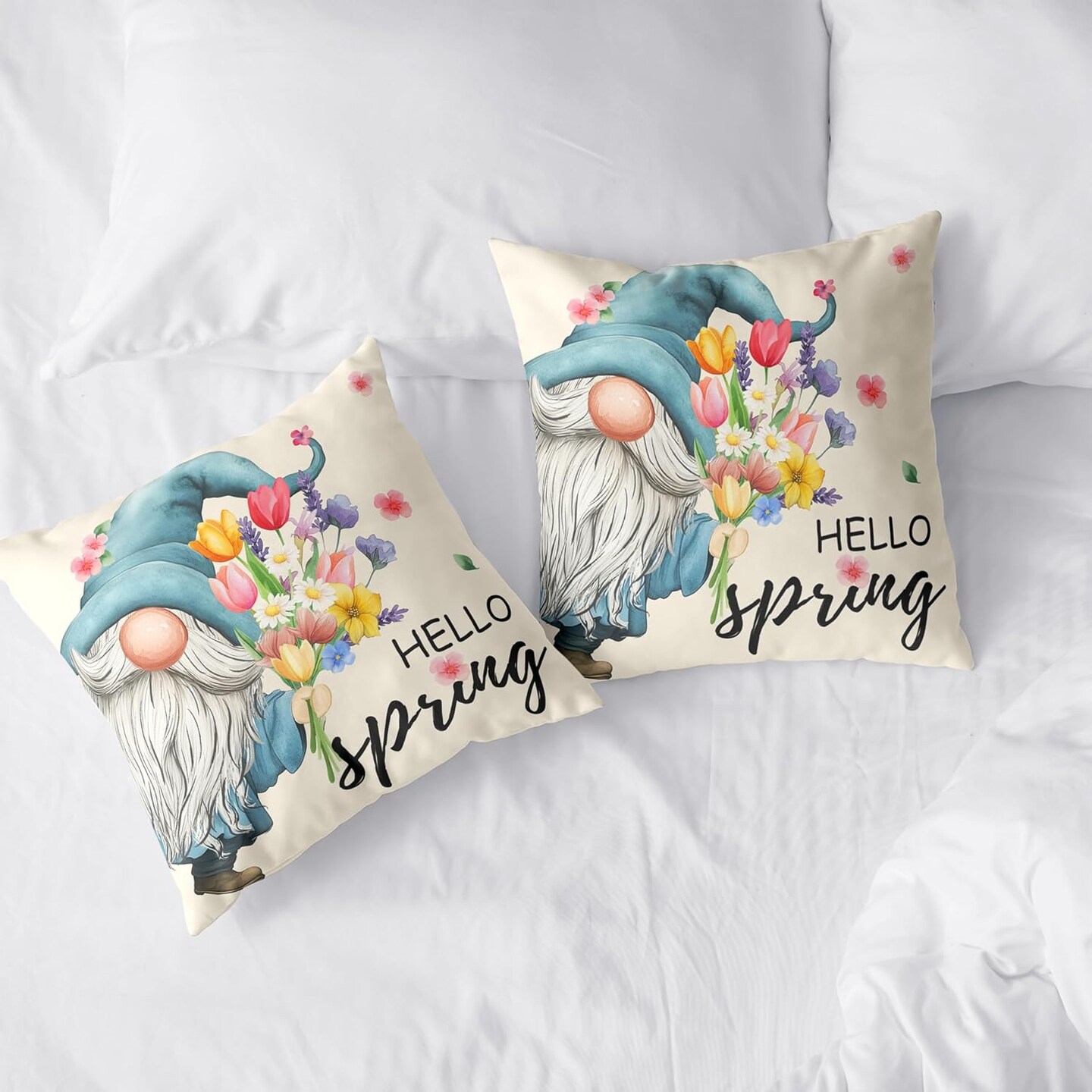 Hello Spring Pillow Covers 18x18 Set of 2 Gnome with Floral Throw Pillow Covers Colorful Flowers Decorative Pillow Case Cotton Blend Cushion Case for Living Room Couch Sofa
